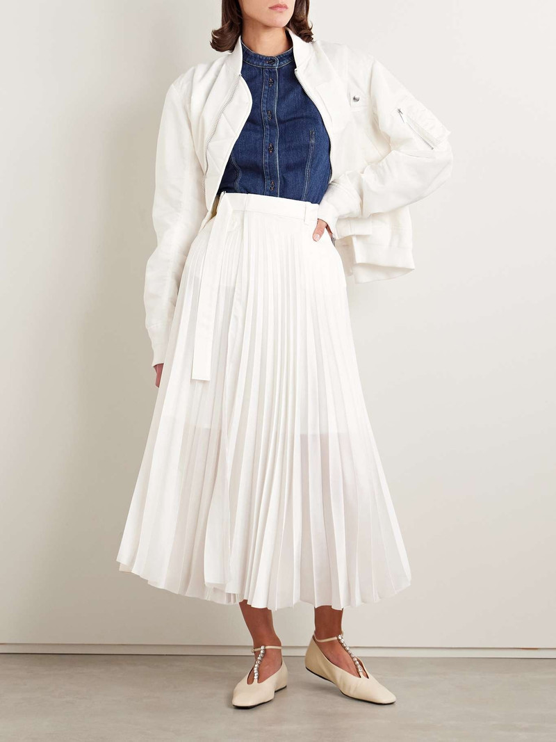 sacai Belted denim-trimmed pleated satin midi wrap skirt outlook