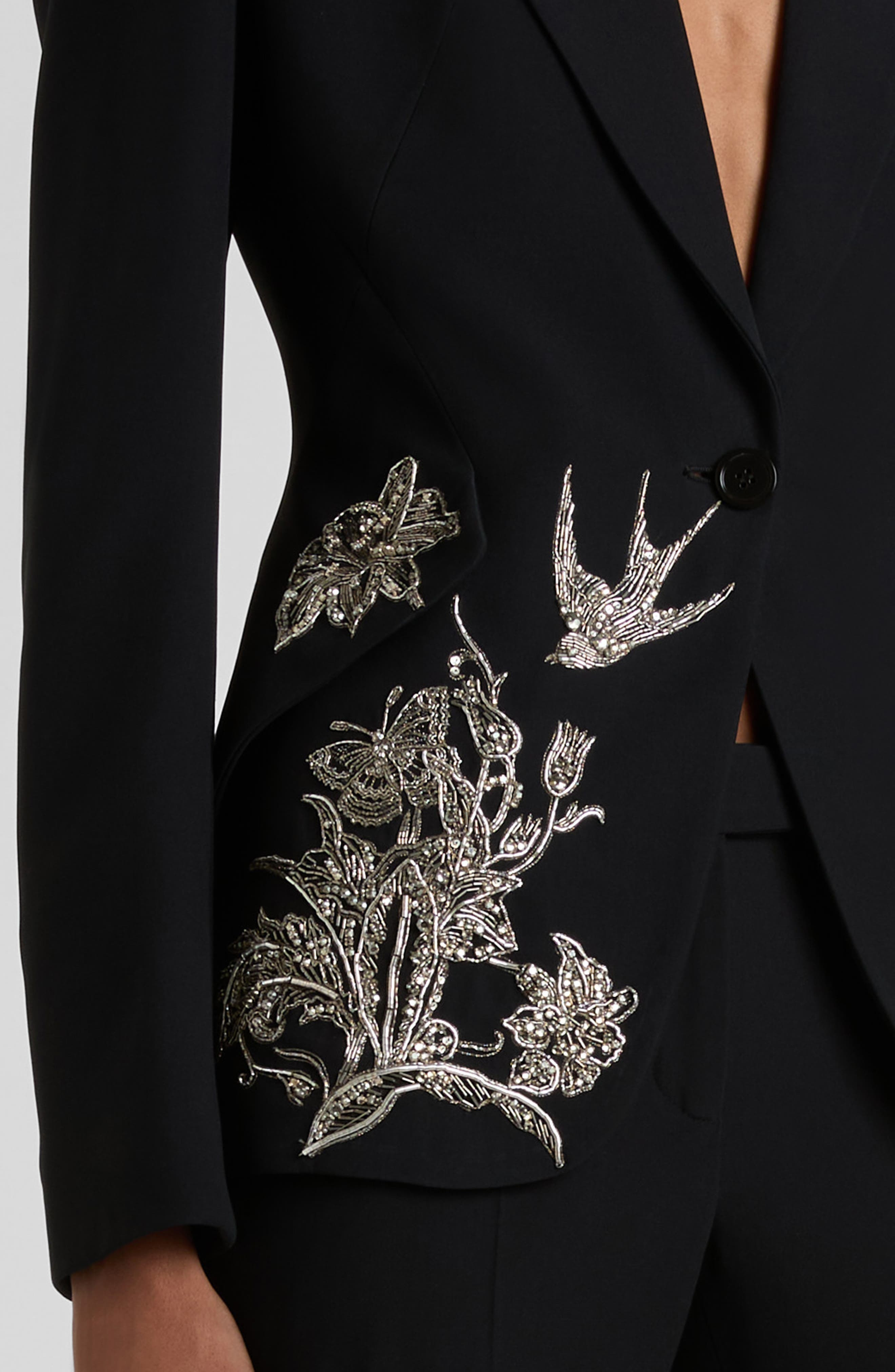 McQueen Tattoo Embroidery Peak Shoulder Crepe Blazer in Black at Nordstrom - 4