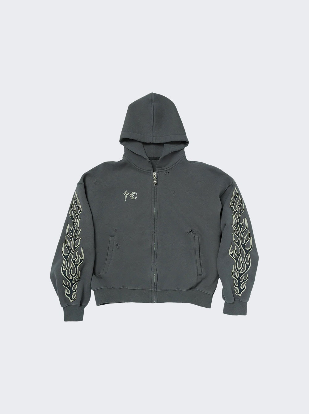 Leather Flame Hooded Zip Up Grey - 1