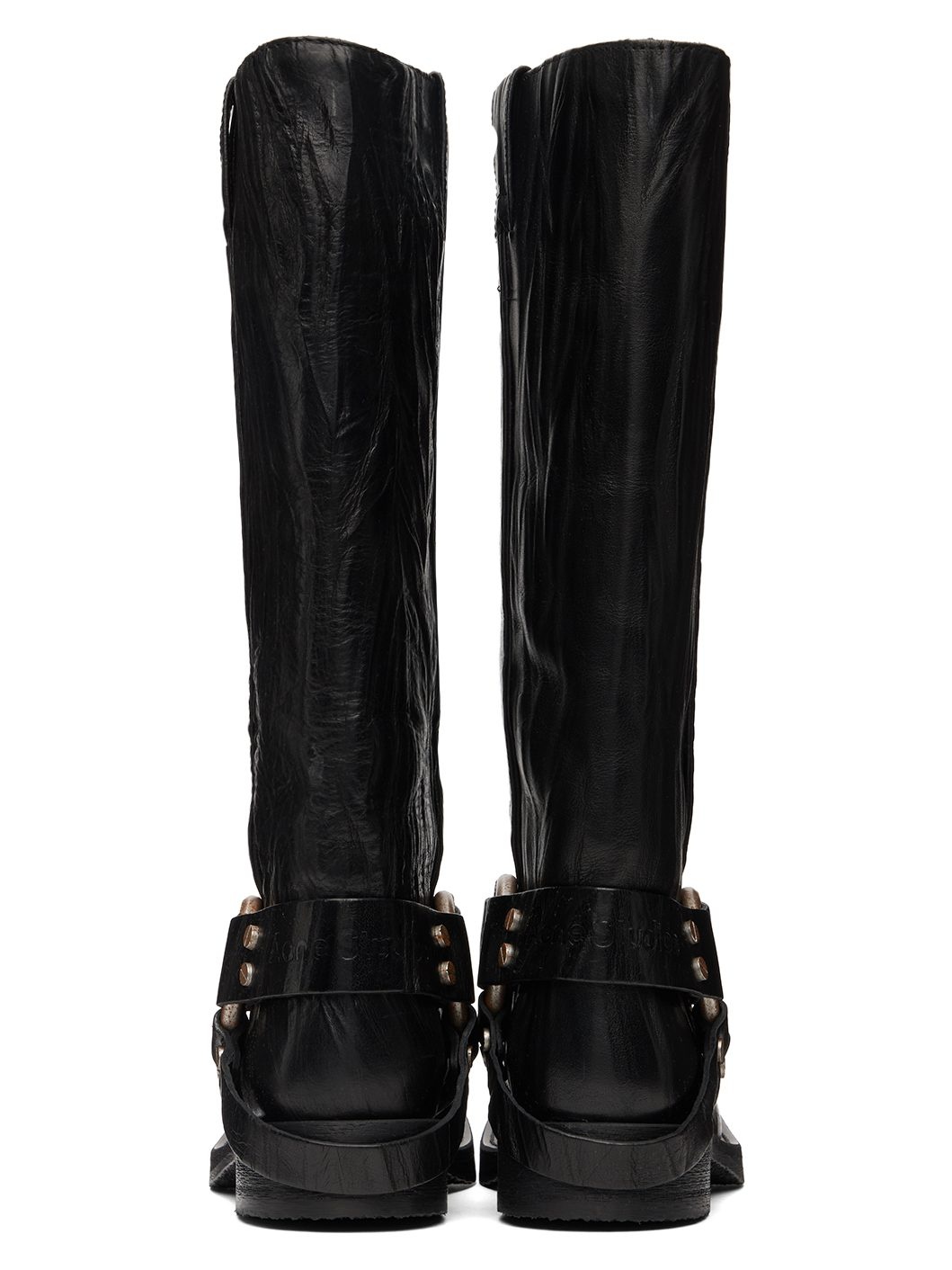 Black Leather Buckle Tall Boots - 2