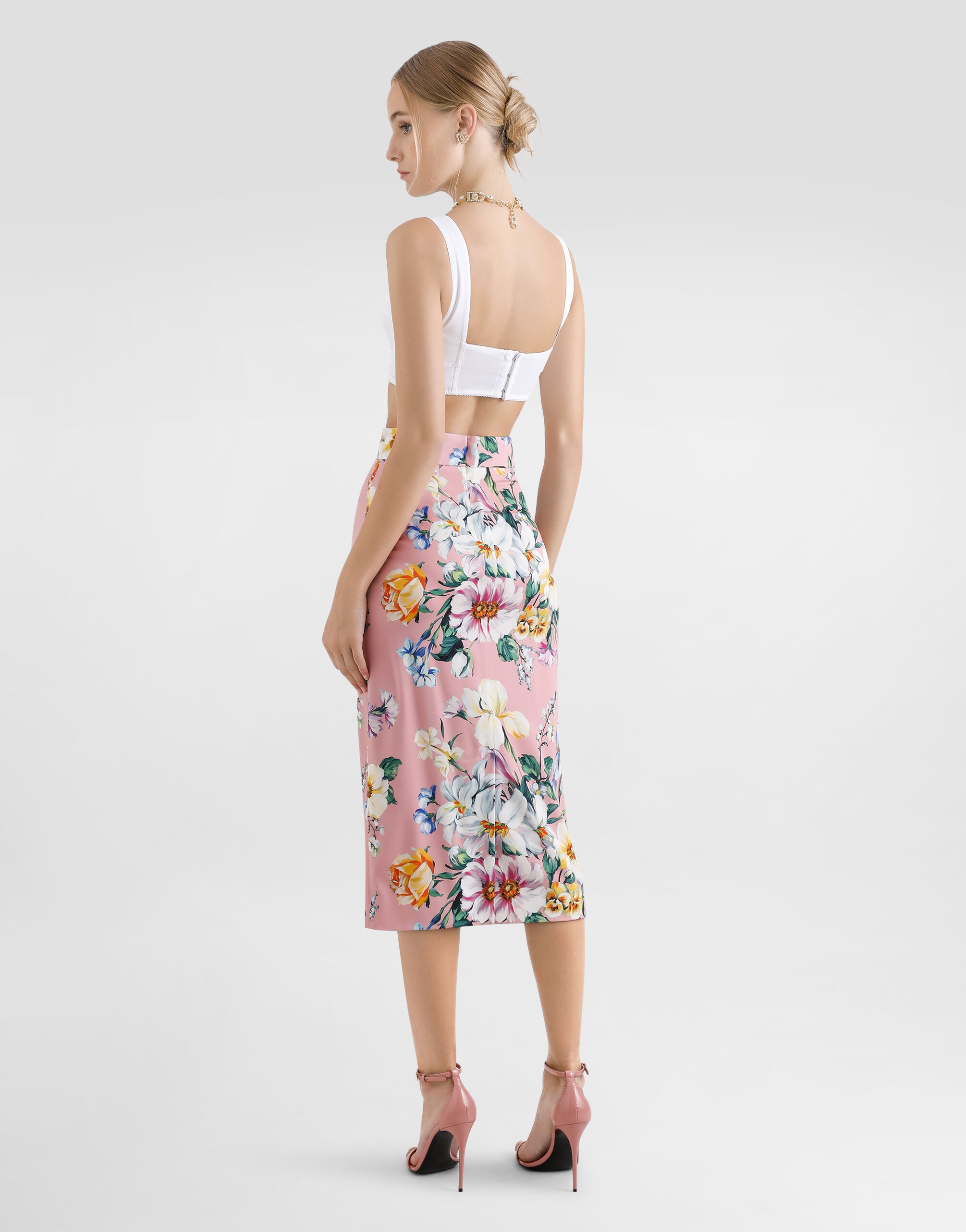Floral-print charmeuse calf-length skirt - 3