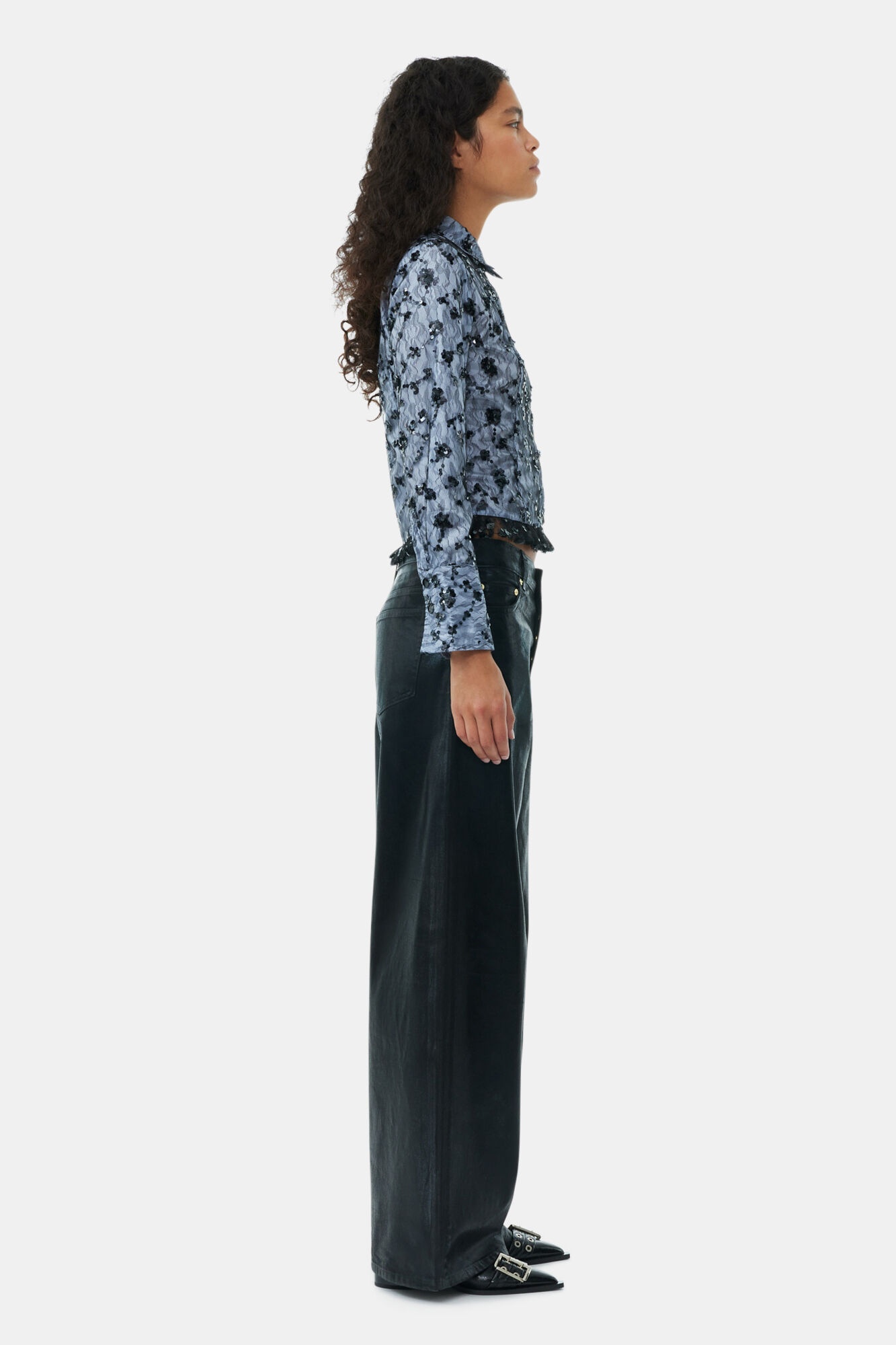 BLACK FOIL DENIM WIDE JEANS - 4