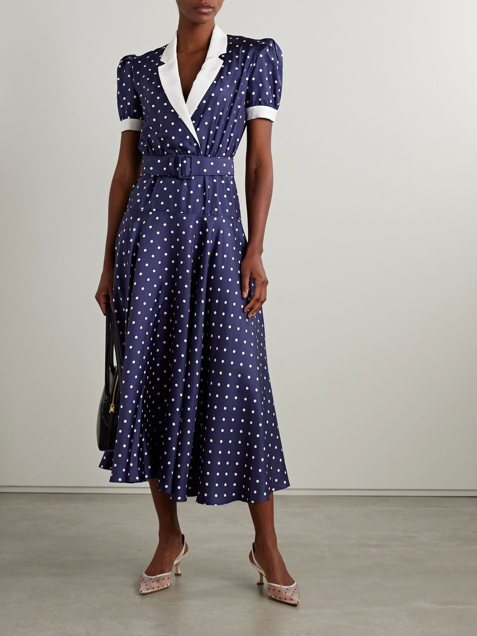 Belted crepe de chine-trimmed polka-dot silk-twill midi dress Navy - 2