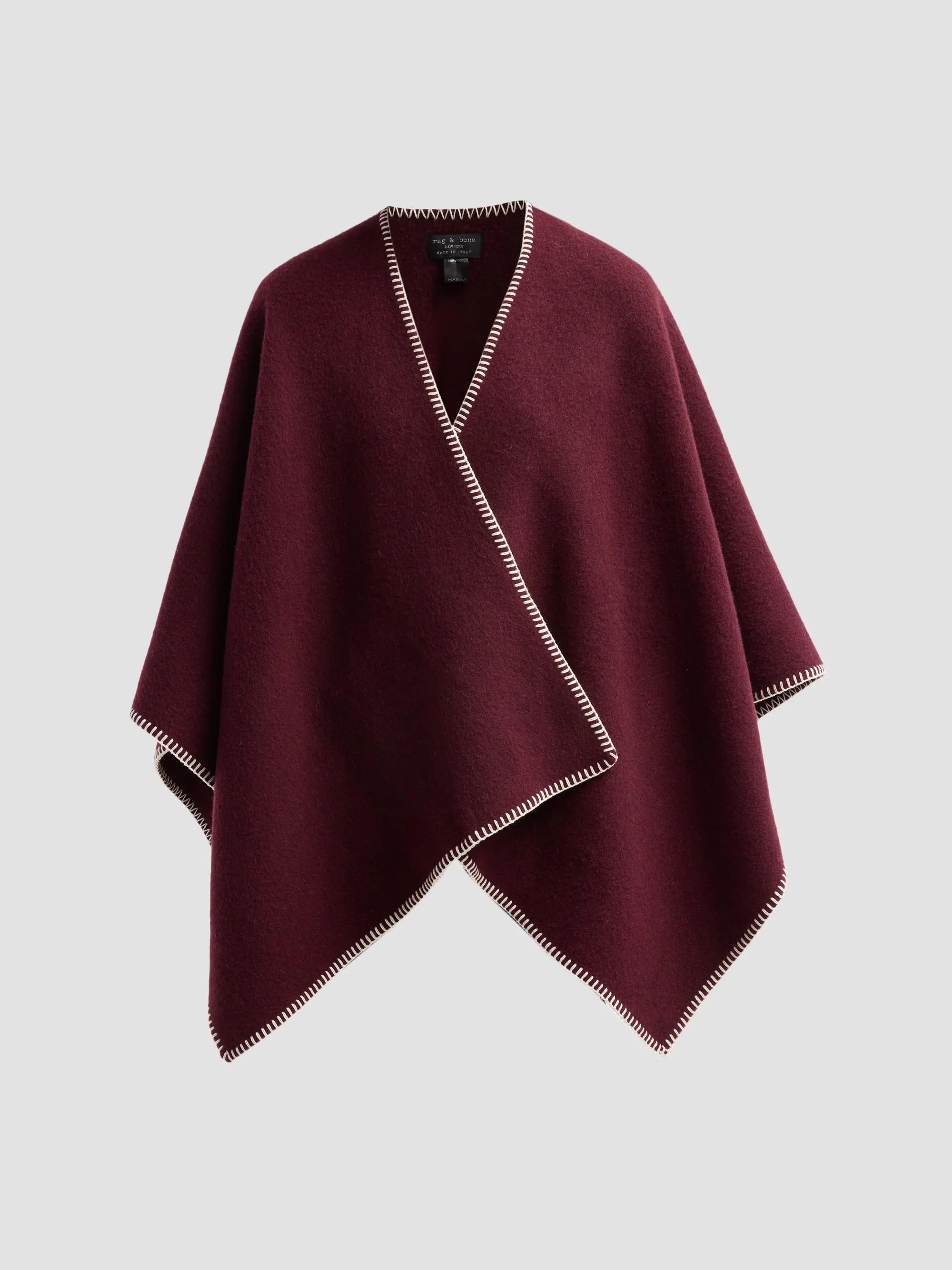 Women's Ingrid Blanket-Stitched Wool Poncho - Burgundy - 1