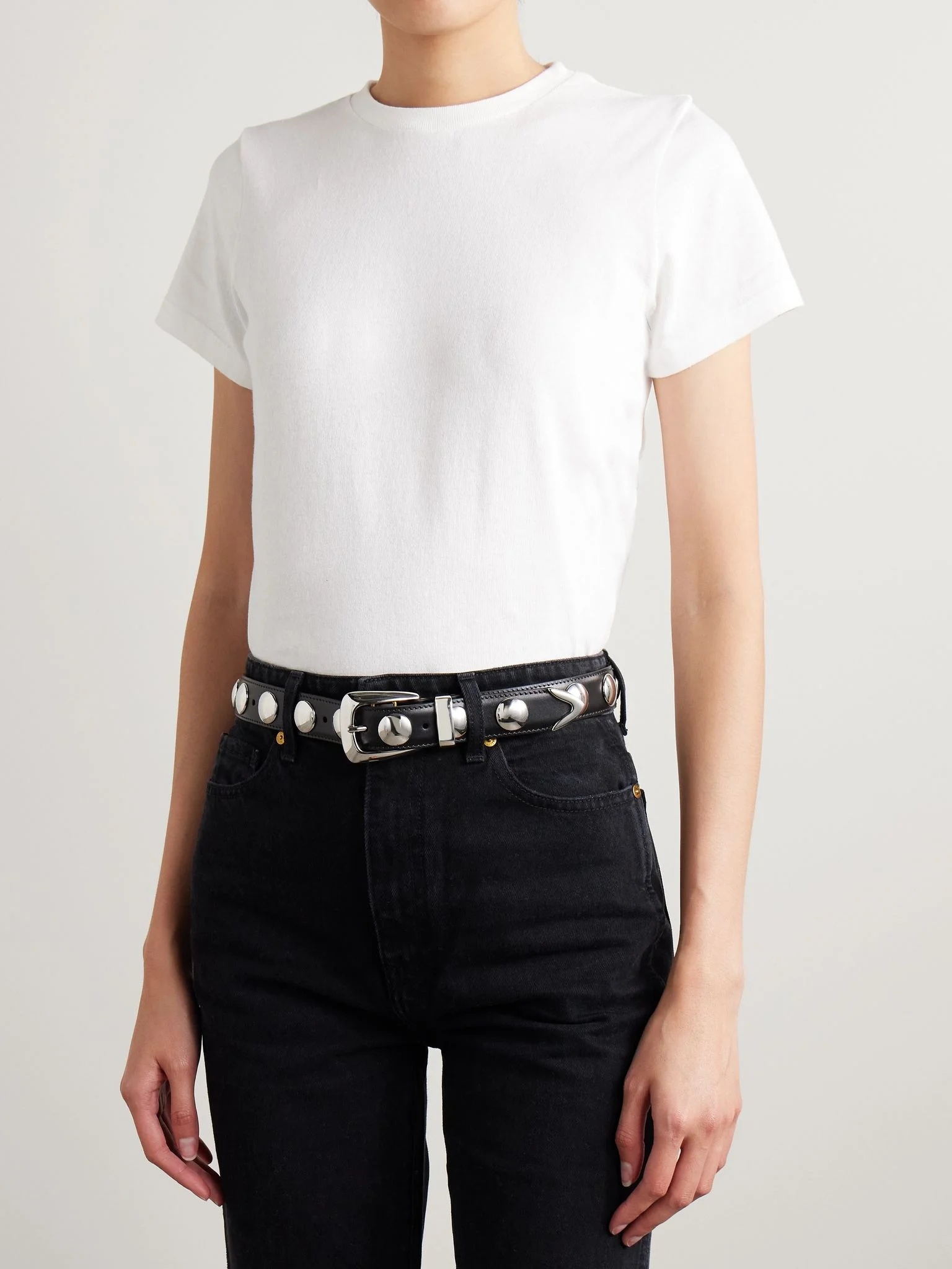 KHAITE The Benny studded leather belt Black | REVERSIBLE display picture 1