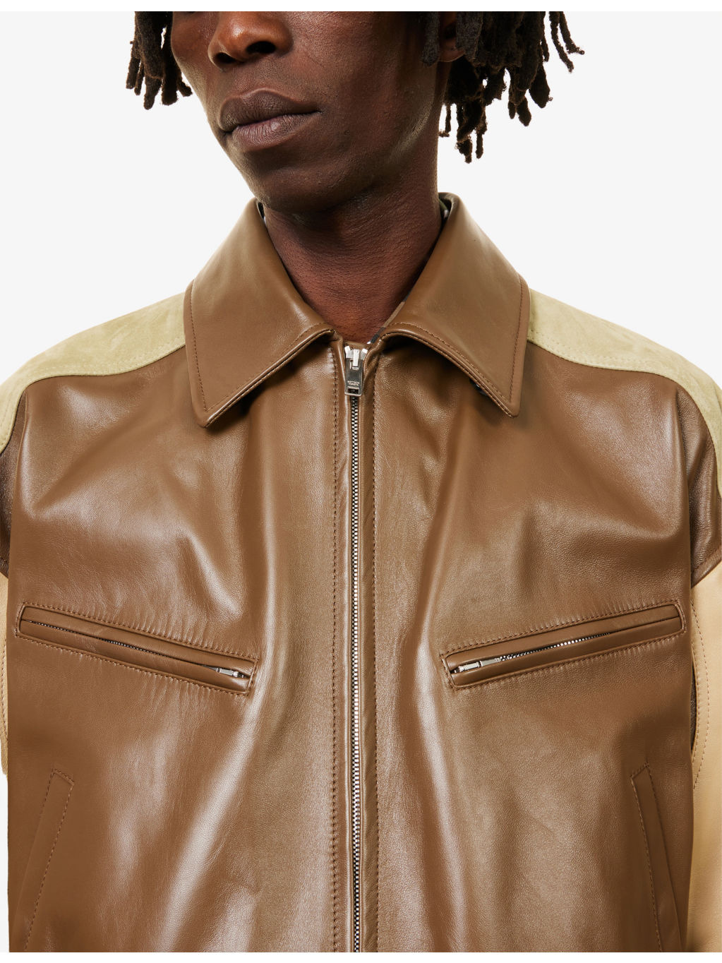 Suede-Panels Fur-Collar Leather Jacket - 6