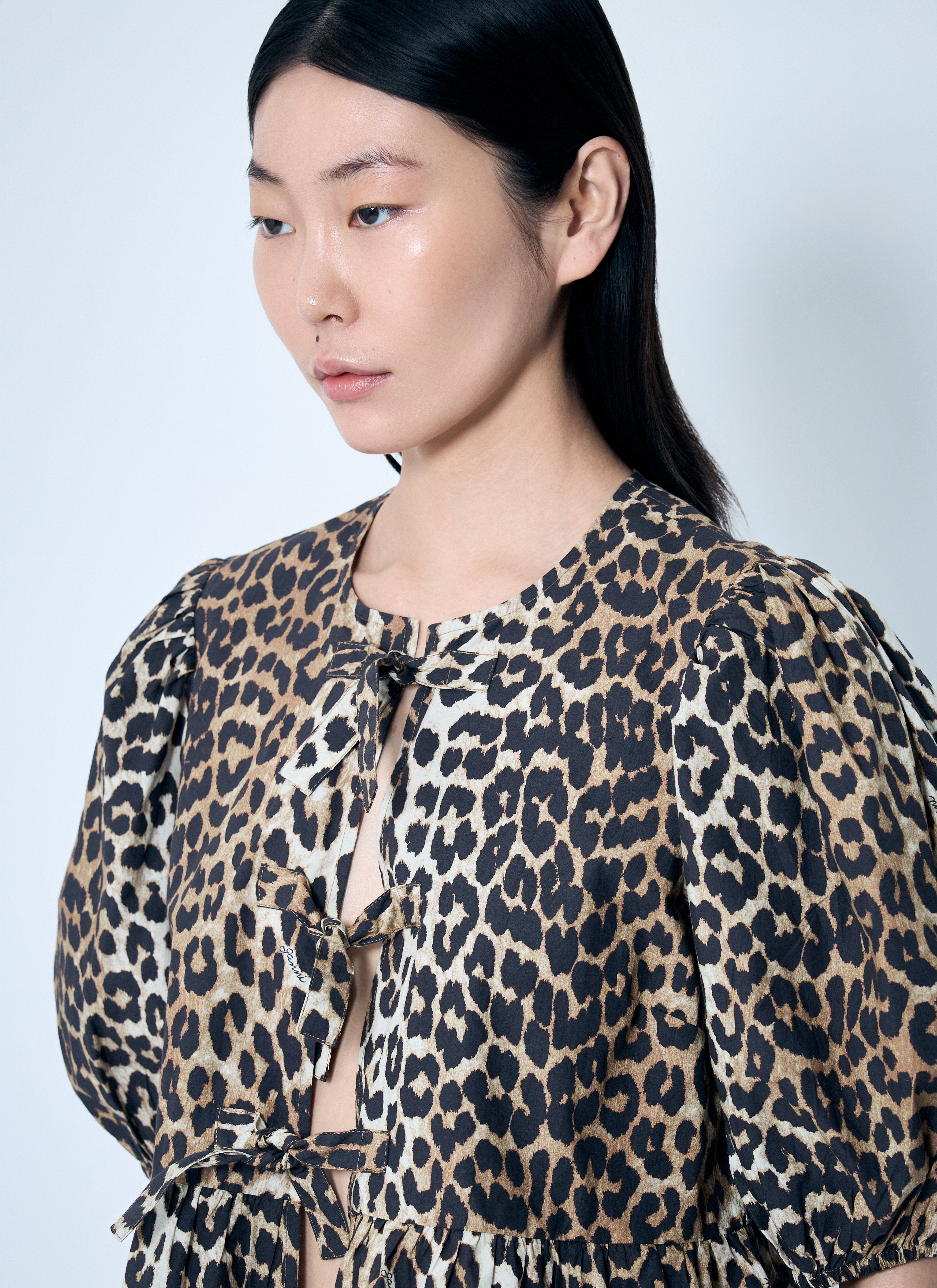 Ganni Women Leopard Poplin Peplum Blouse - 5