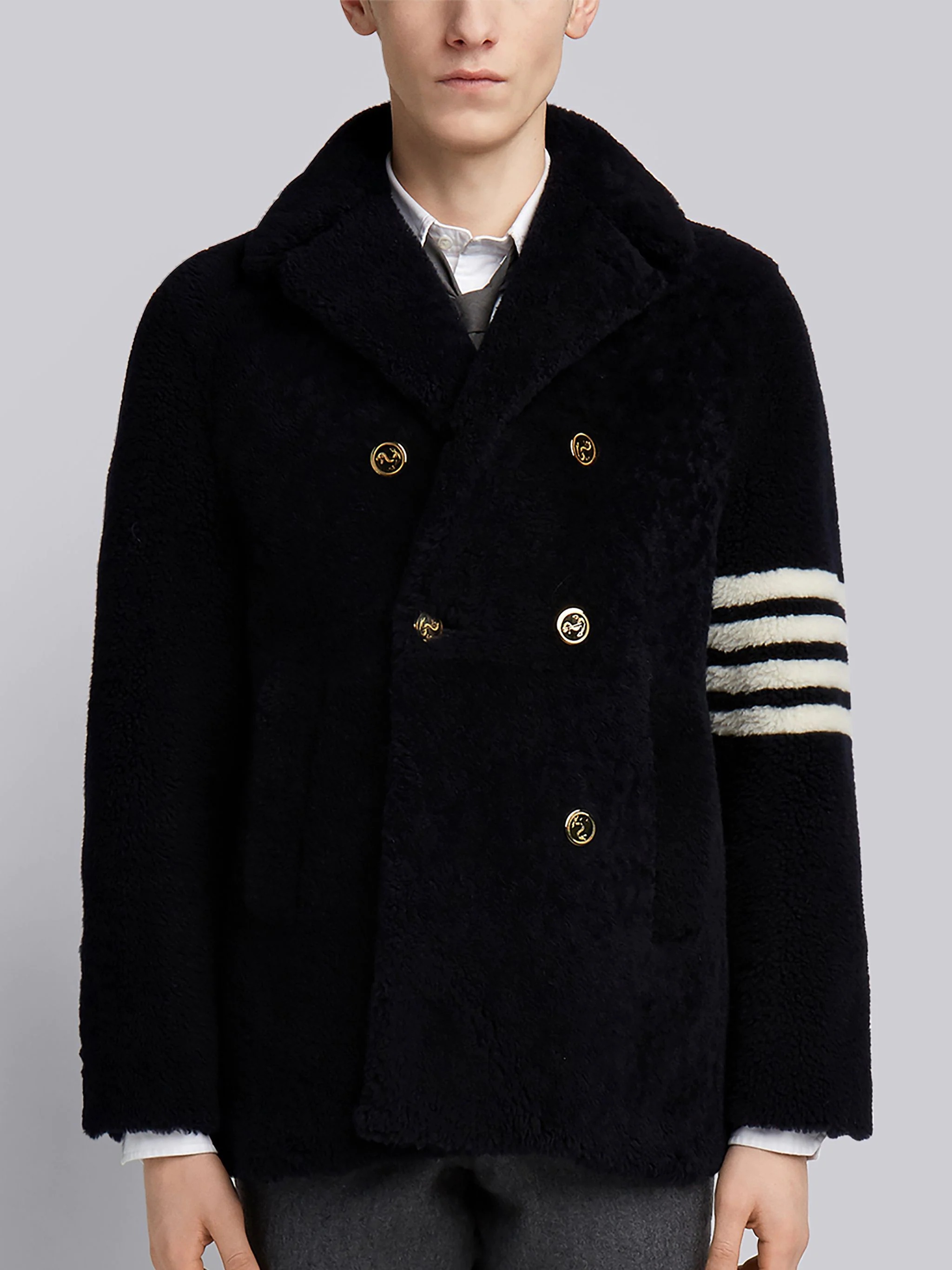 Navy Dyed Shearling 4-bar Unconstructed Peacoat - 1