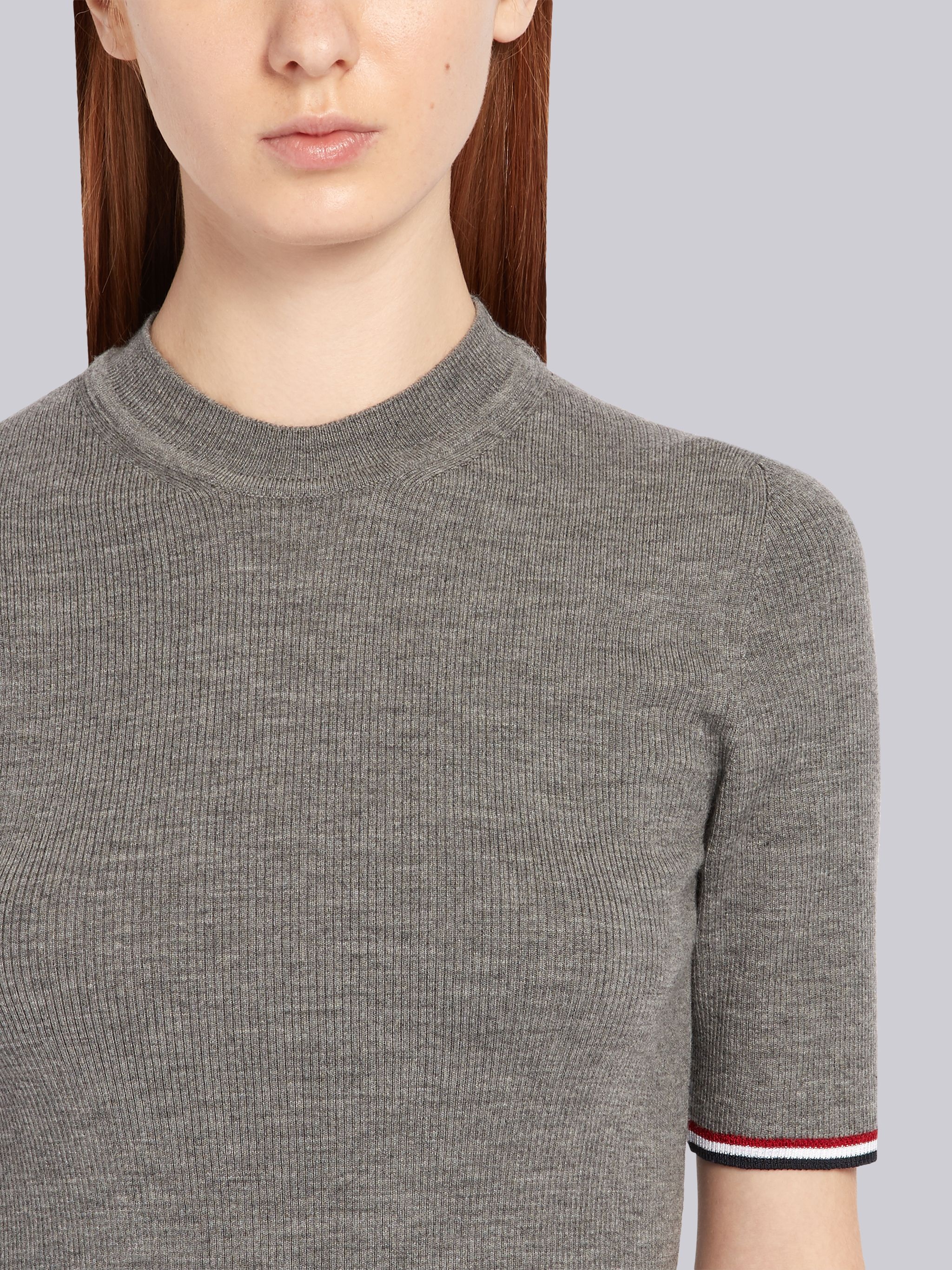 Light Grey Fine Merino Wool Tipping Stripe Rib Stitch Crew Neck T-shirt - 5