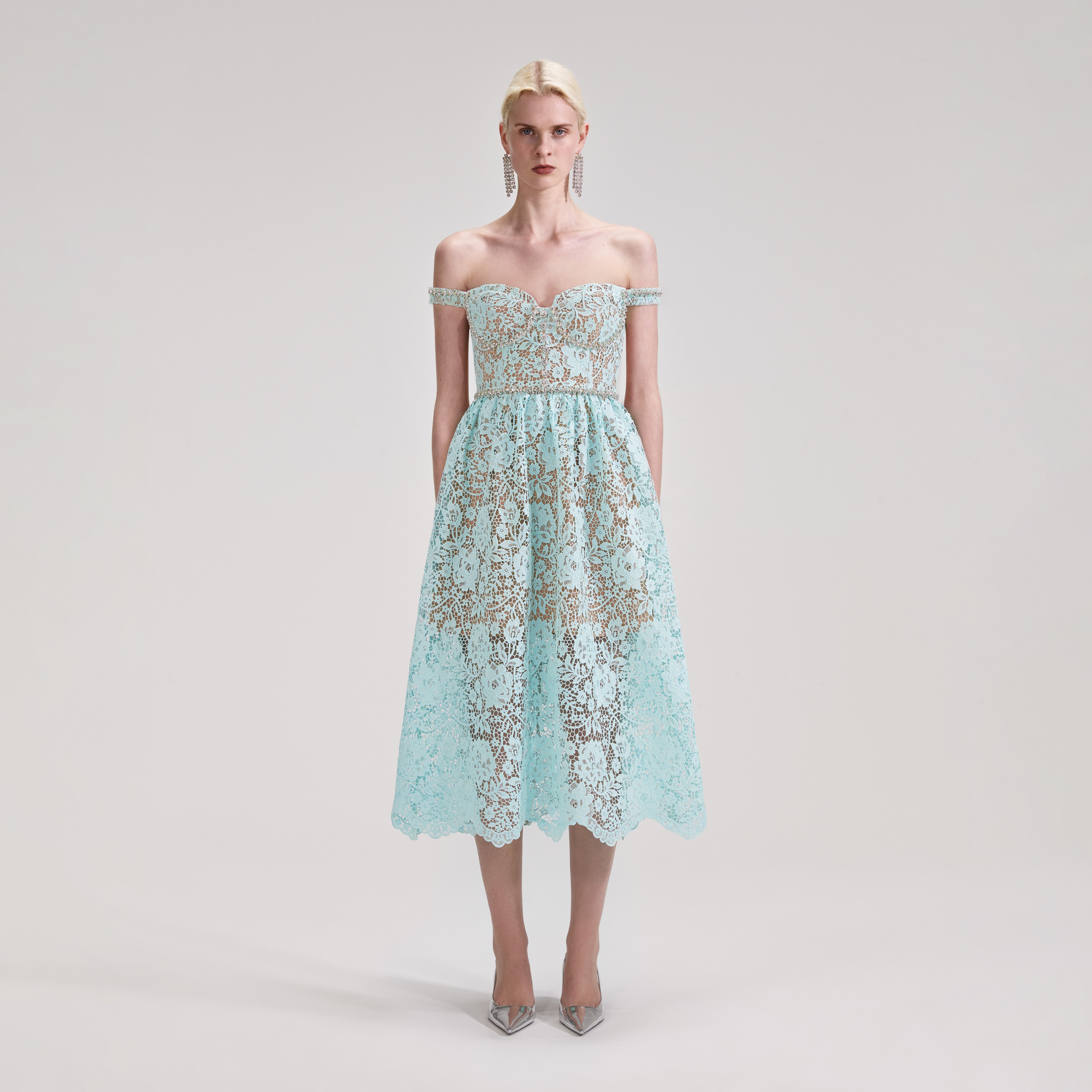 Blue Cord Lace Diamante Midi Dress - 1