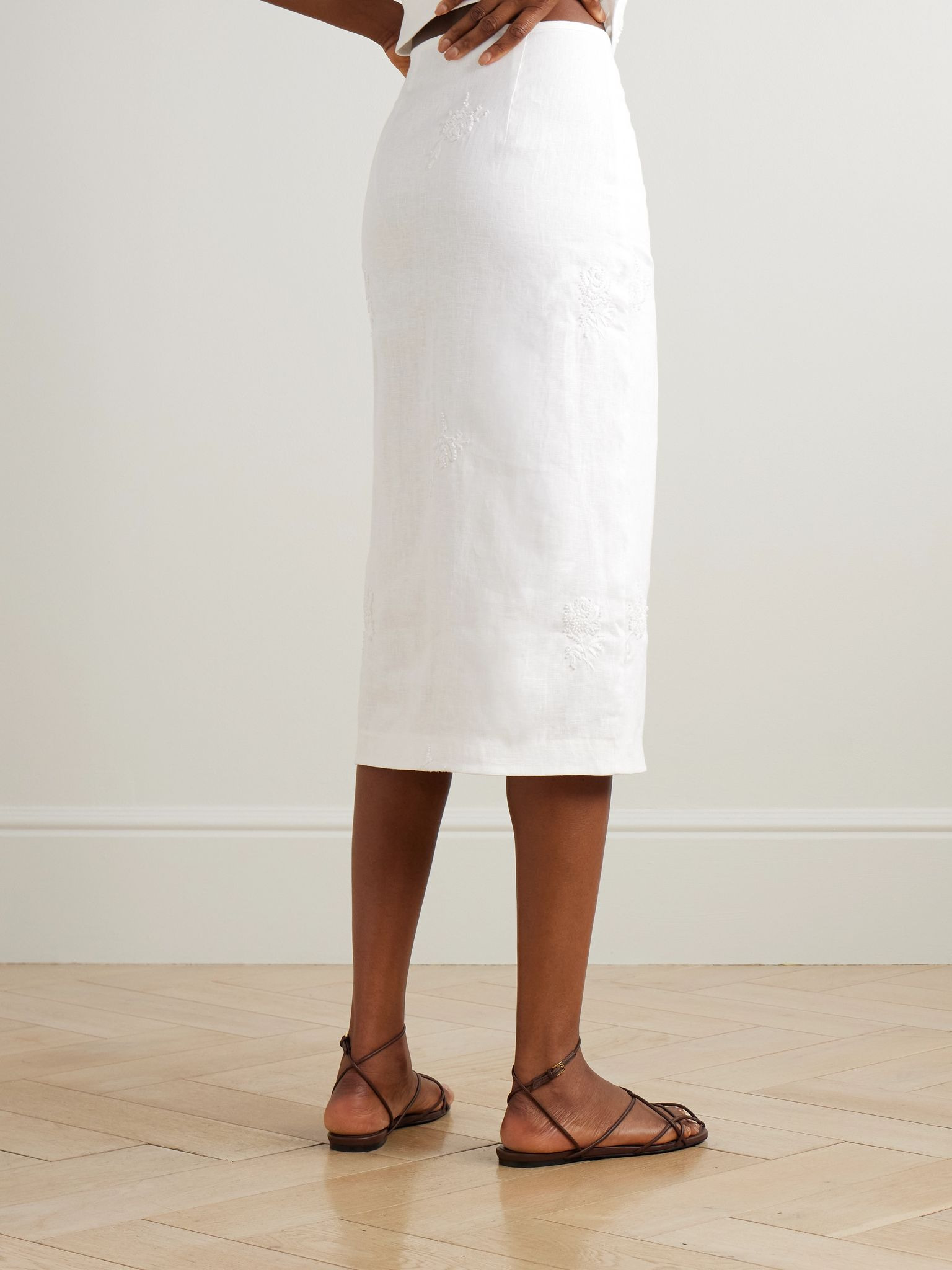 Alessandra embroidered linen midi skirt White - 3