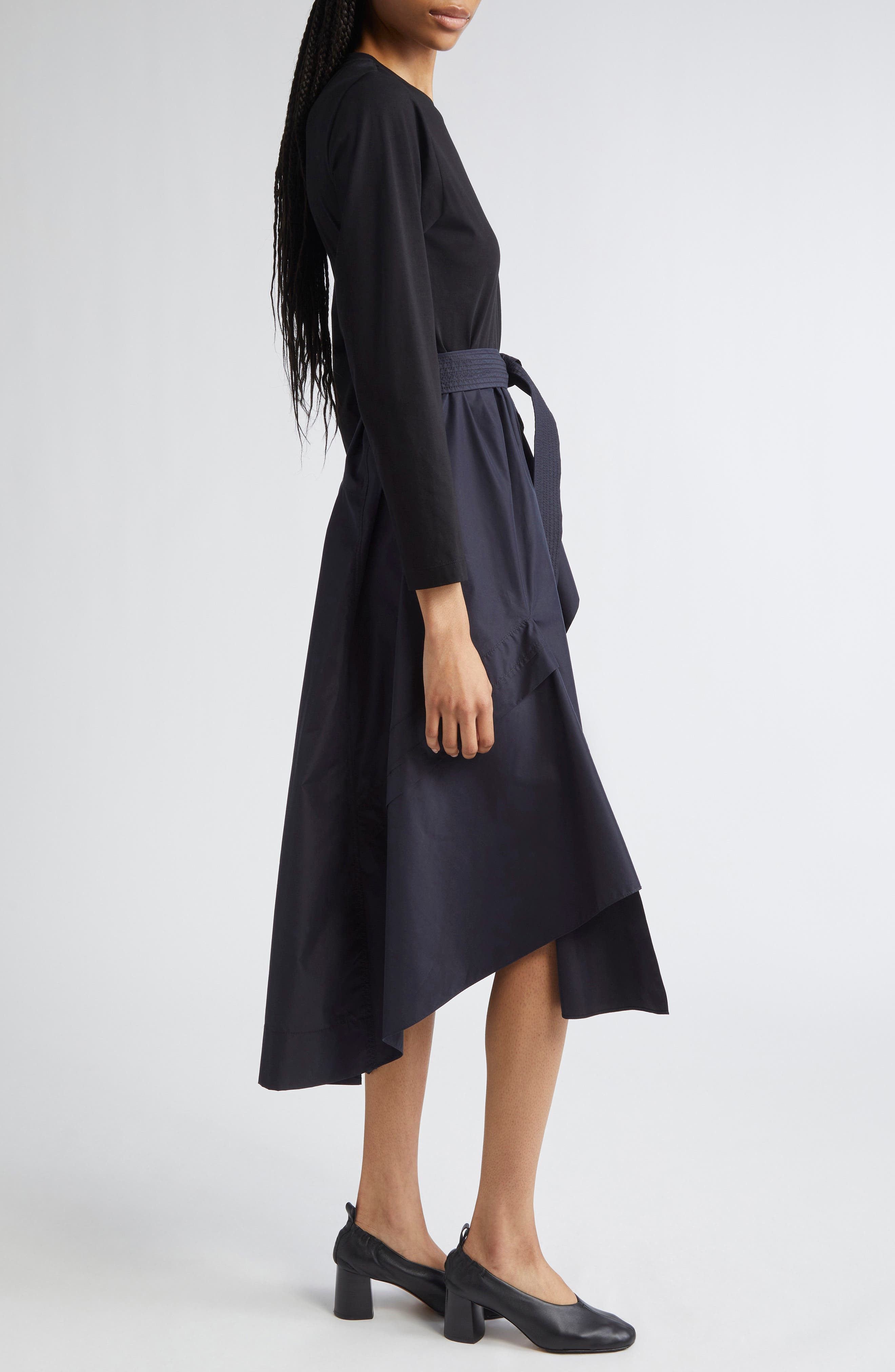 3.1 Phillip Lim Mixed Media Long Sleeve Handkerchief Hem Cotton Blend Dress in Black/Midnight at Nor - 3