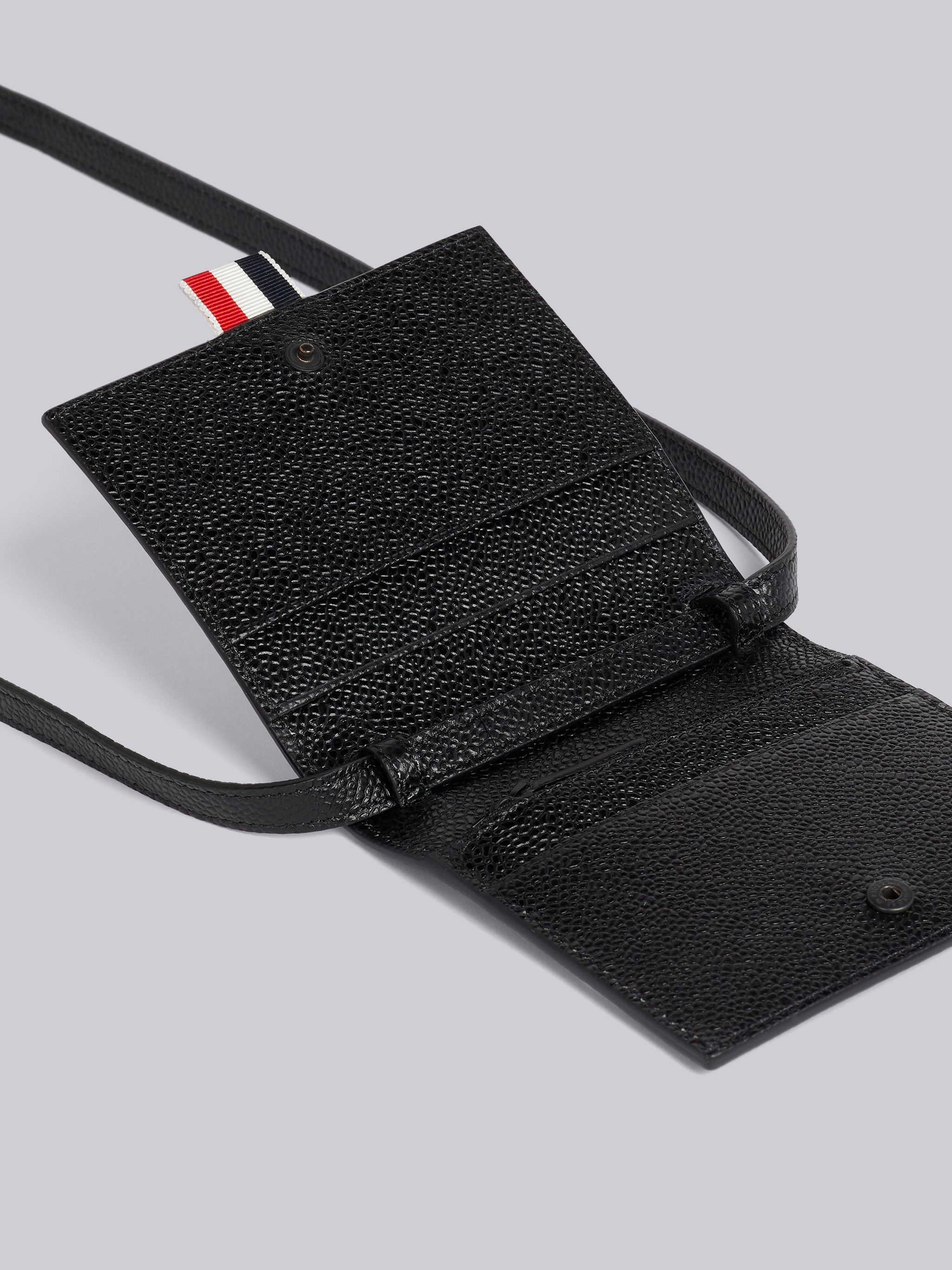 Black Pebble Grain Leather Tonal 4-Bar Brass Label Bifold Cardholder With Shoulder Strap - 4