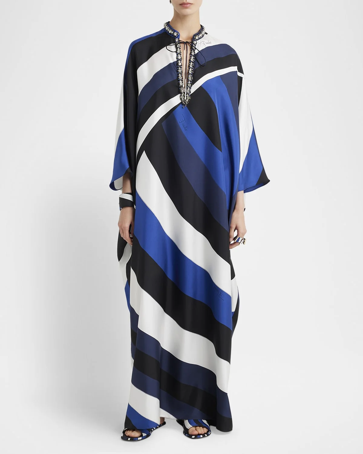 Iride-Print Crystal Neck-Tie Silk Twill Maxi Kaftan Dress - 1
