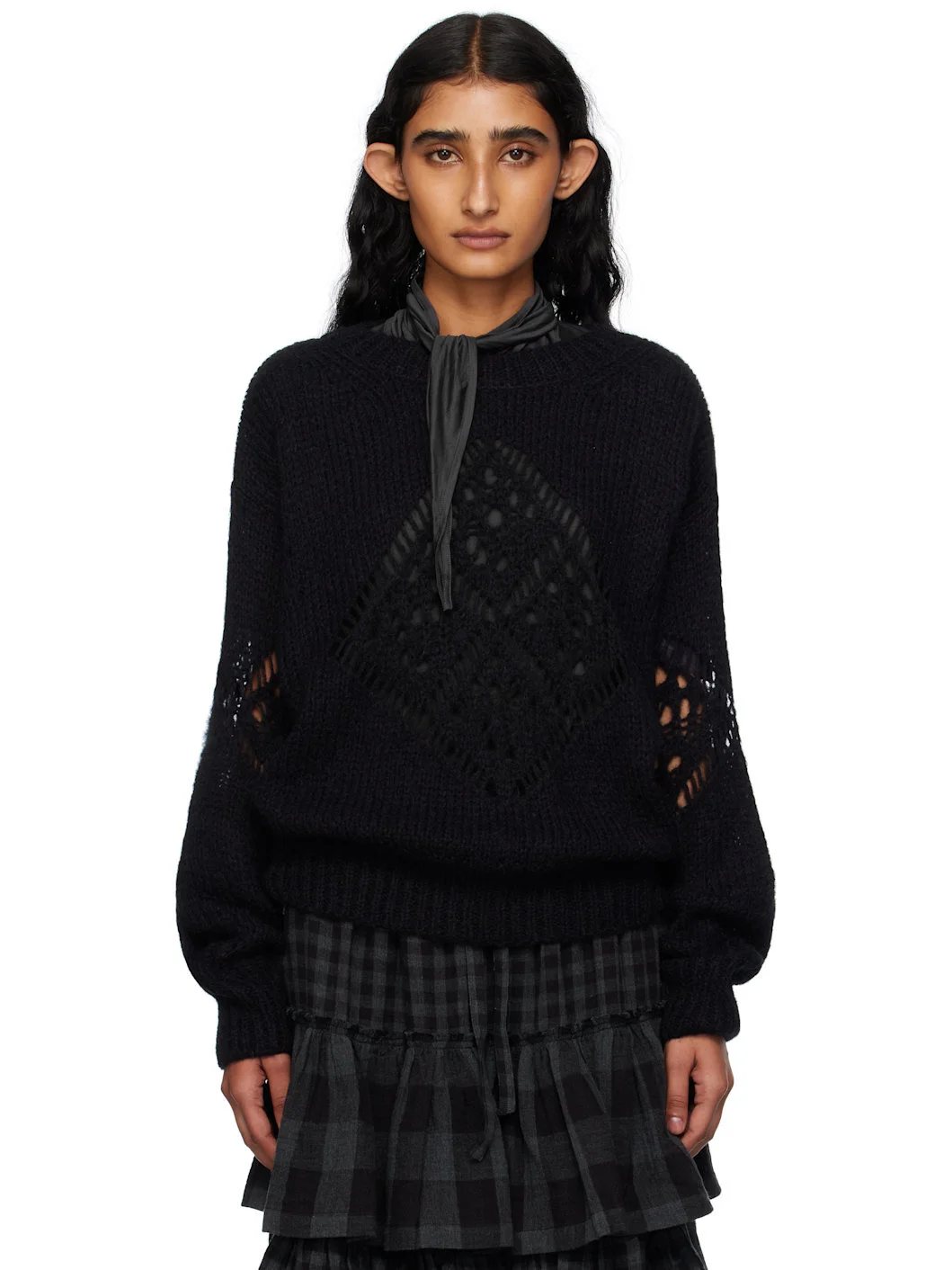 Black Alpaca Argyle Pointelle Sweater - 1