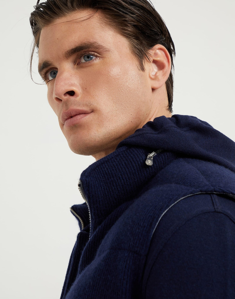 Cashmere English rib knit down vest with packable hood 3