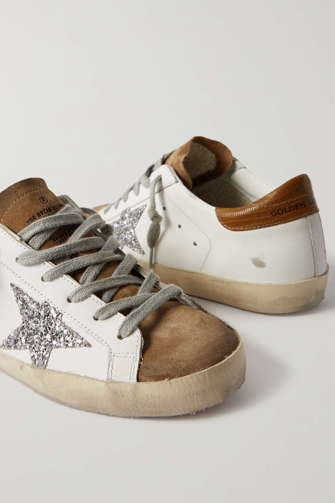 Superstar glittered distressed leather and suede sneakers - 4