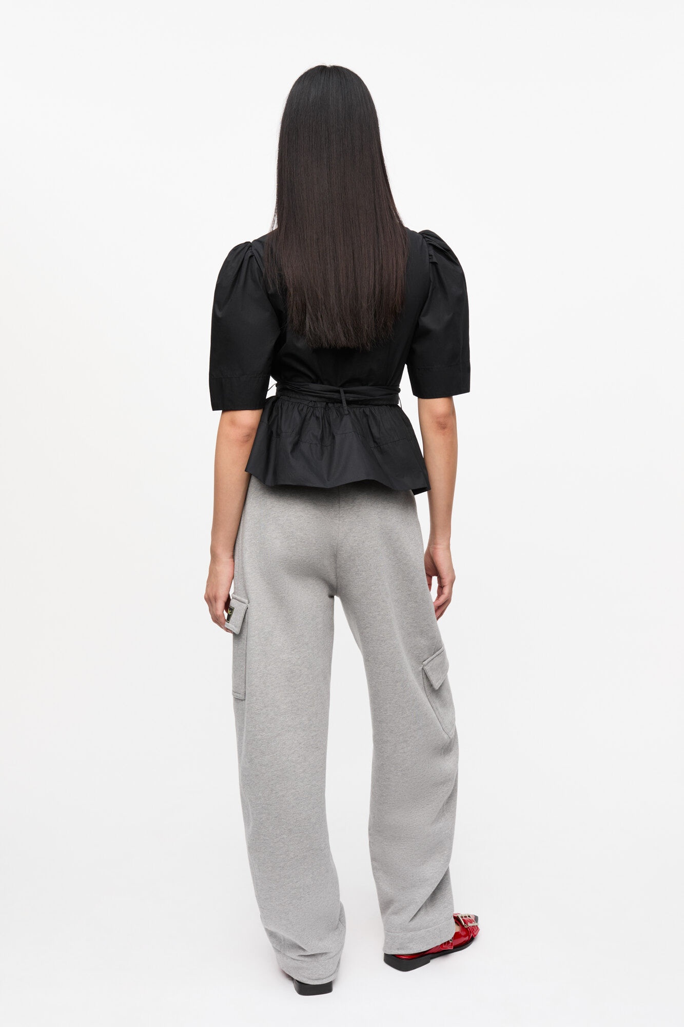 BLACK WASHED STRETCH COTTON TIE STRAP BLOUSE - 6