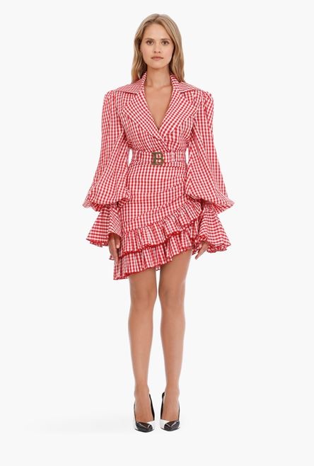 Short red and white gingham print asymmetrical high-waisted skirt - 4