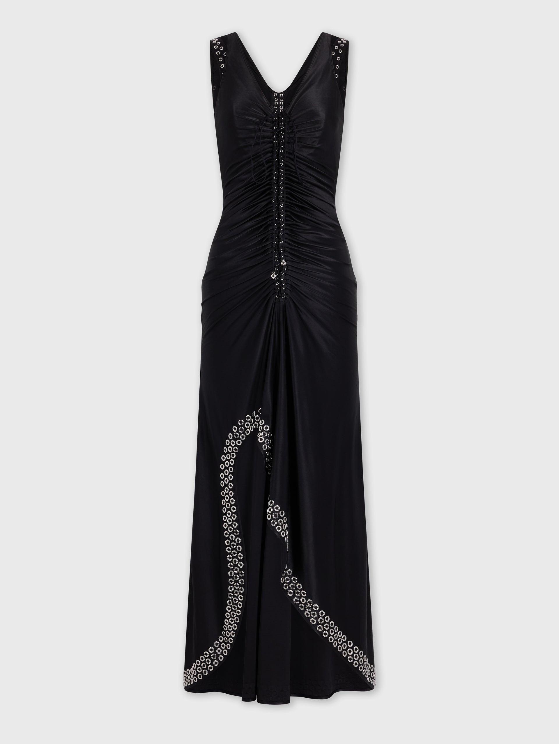LONG BLACK DRESS WITH EMBROIDERED METALLIC EYELETS - 1