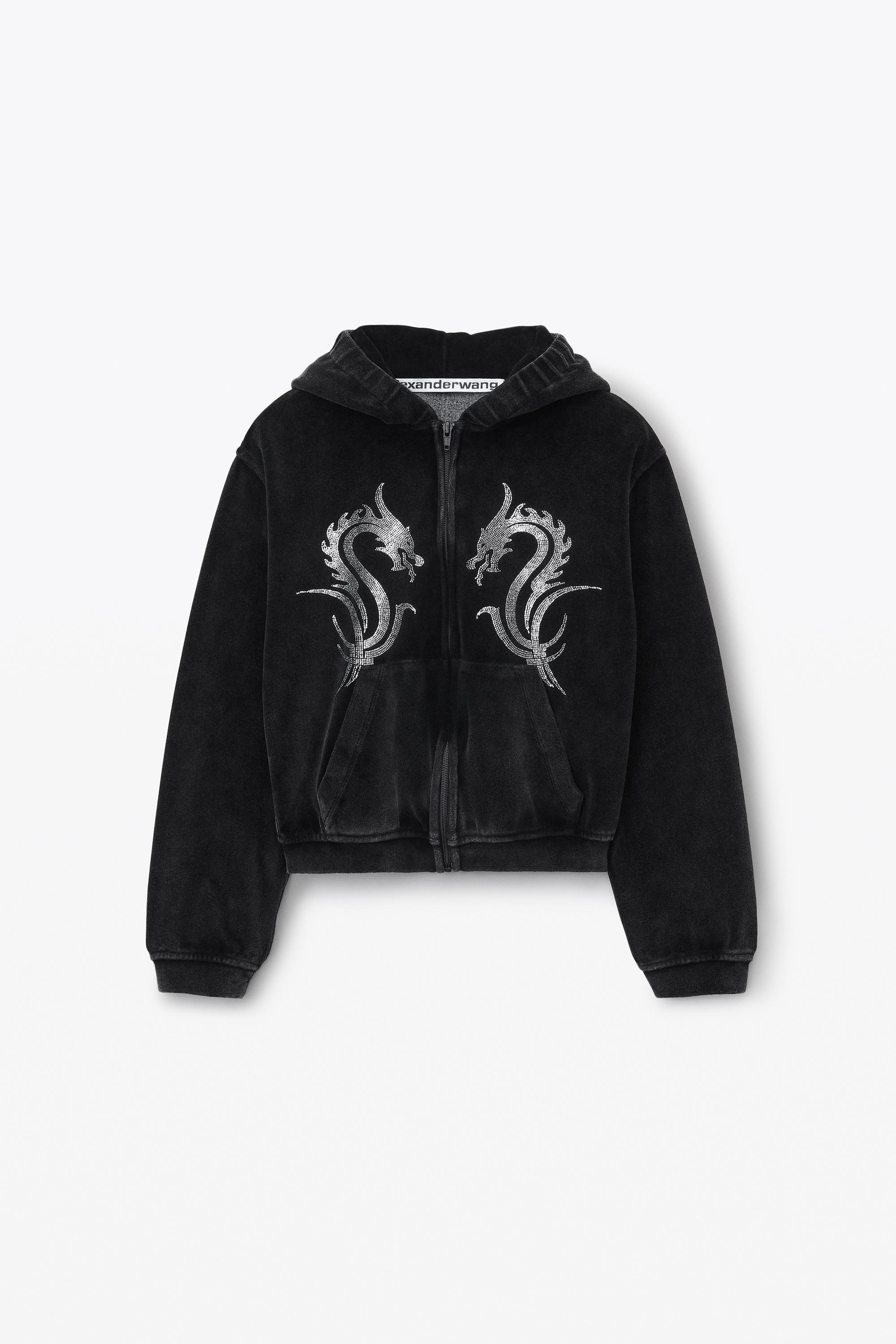 SHRUNKEN ZIP UP VELOUR HOODIE W/  DRAGON CRYSTAL HOTFIX - 1