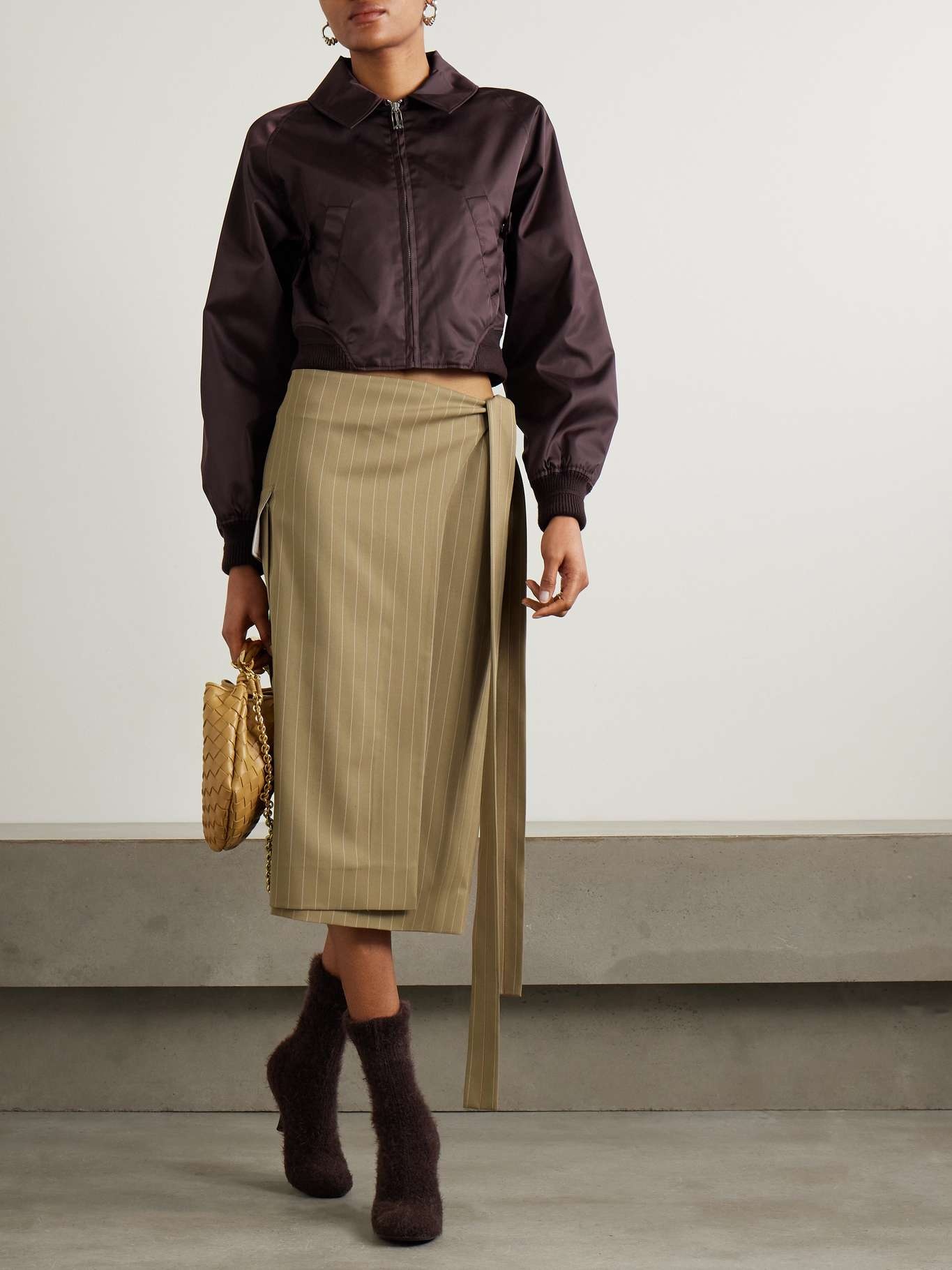 Tie-detailed pinstriped wool-twill midi wrap skirt Sand - 2