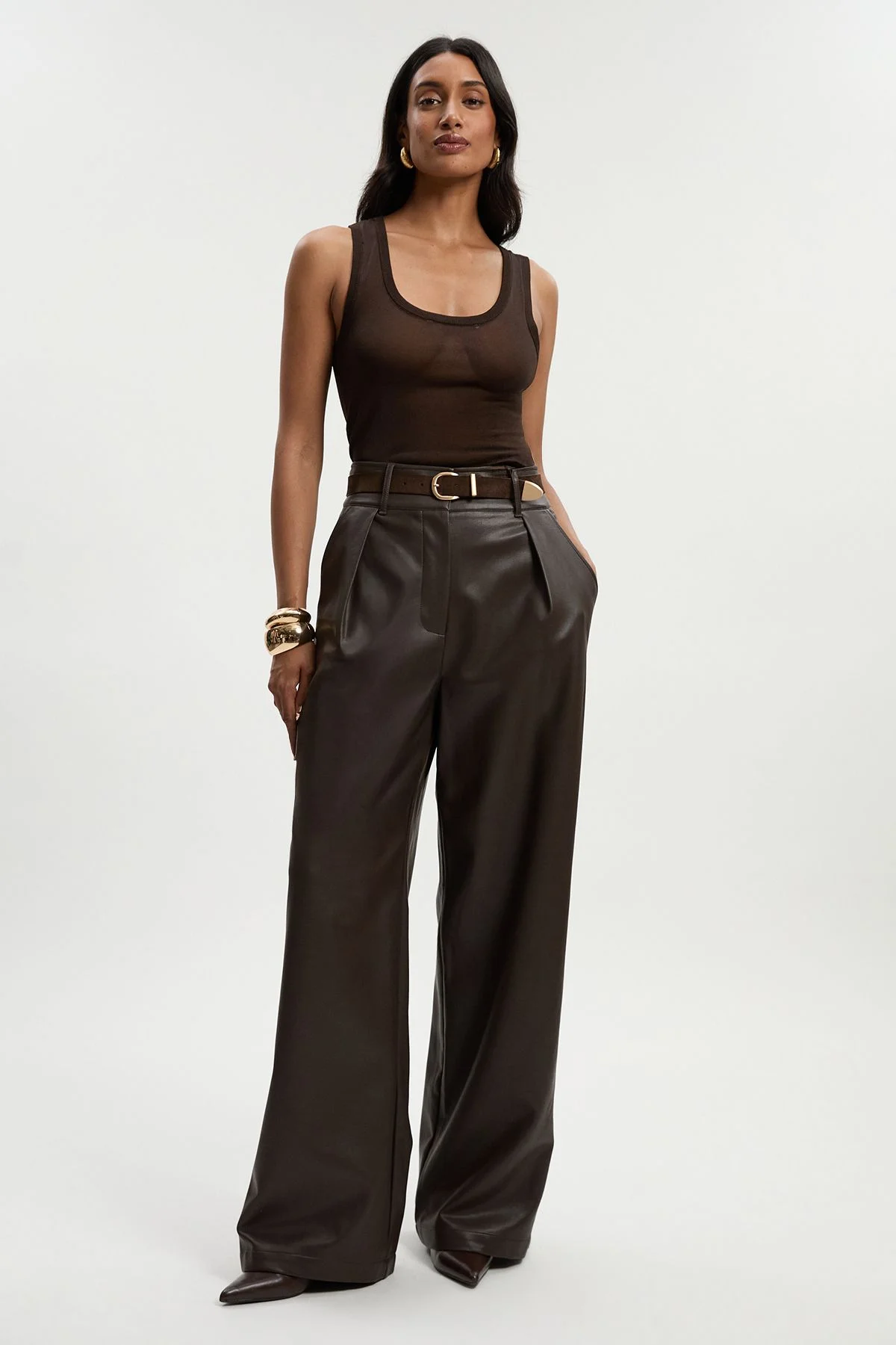 Faux Leather High Waisted Wide Leg Trousers - 1