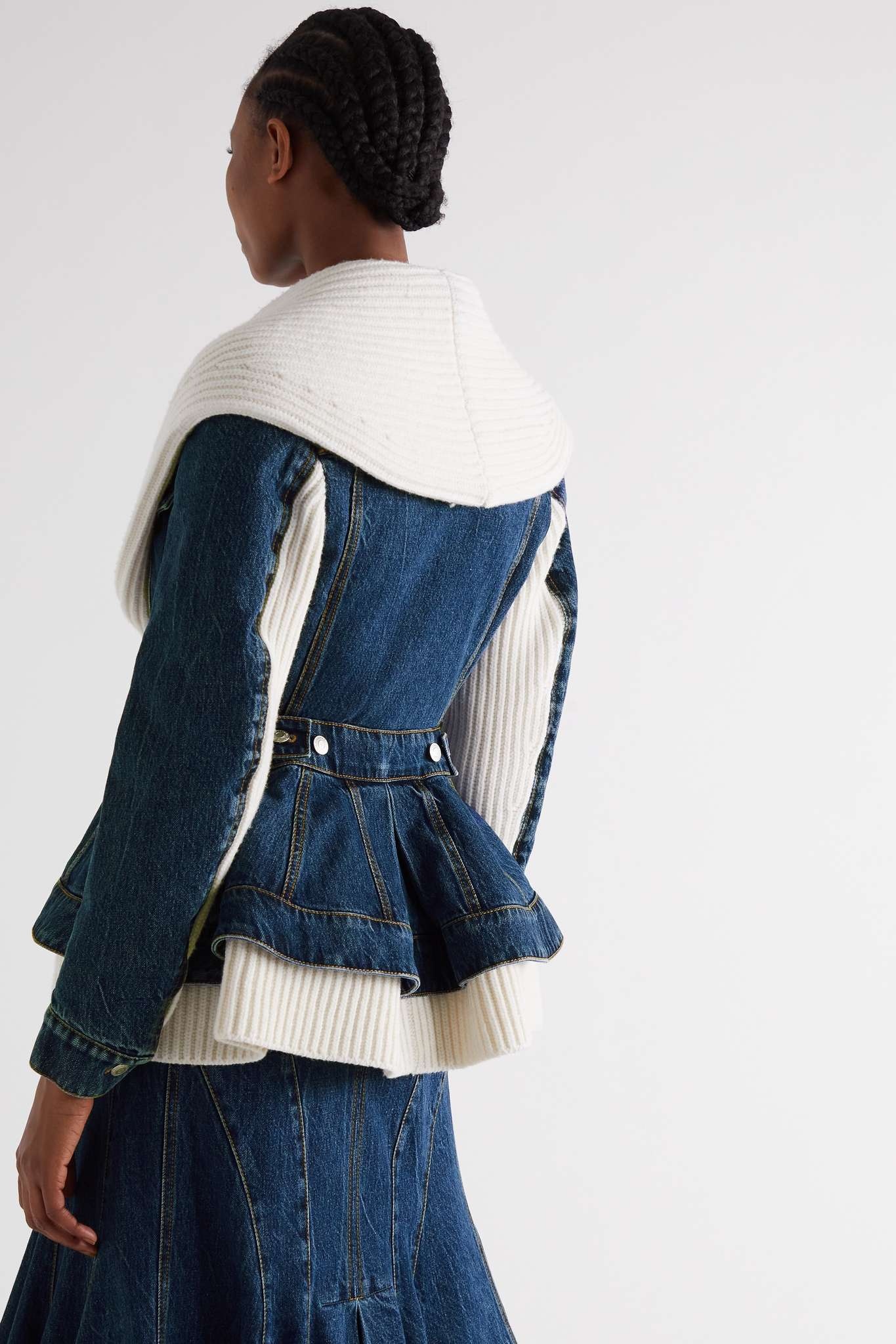 Paneled denim and ribbed wool peplum jacket - 4