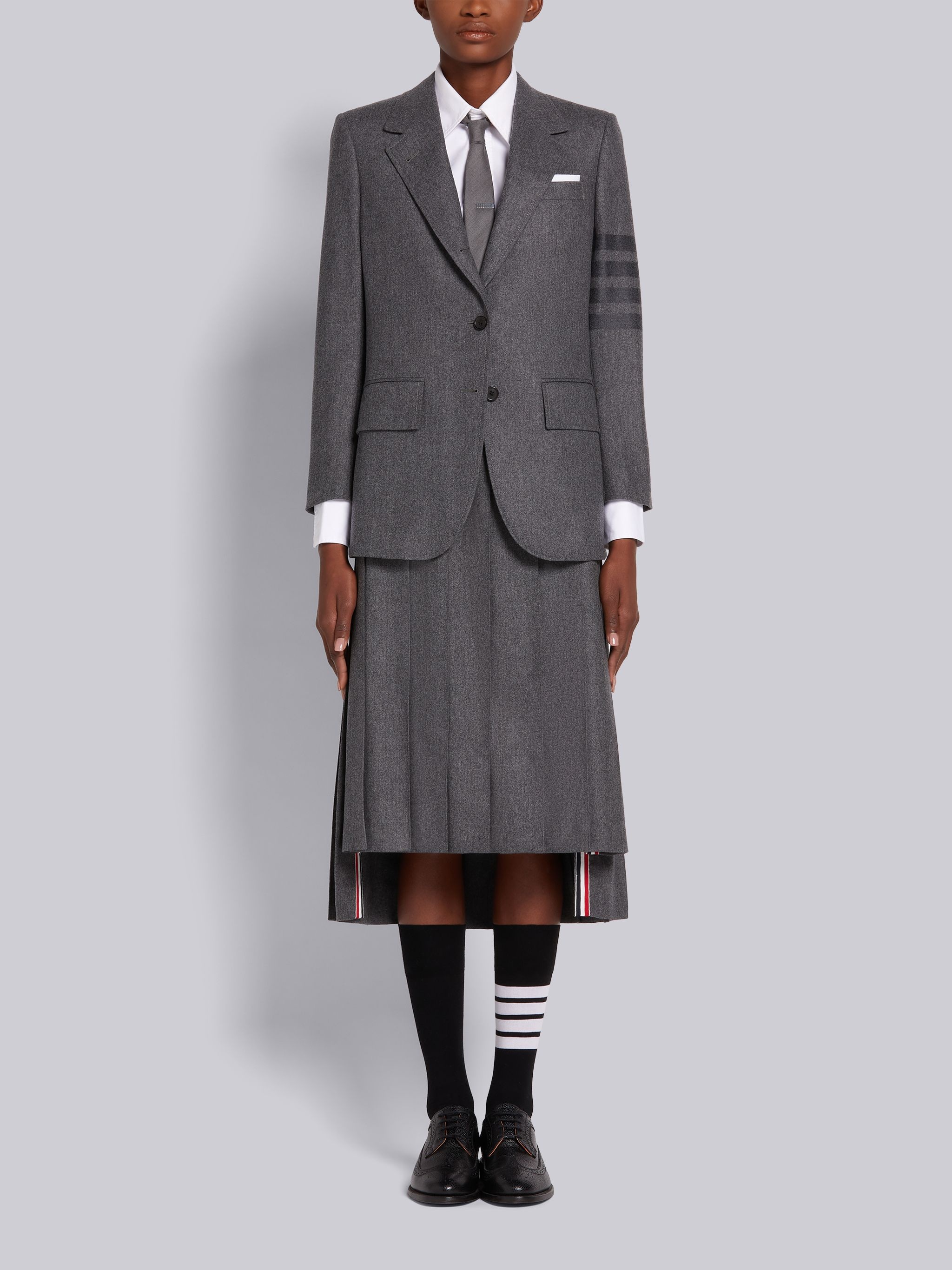 Medium Grey Wool Cashmere Flannel Below the Knee Length Pleated 4-Bar Skirt - 4
