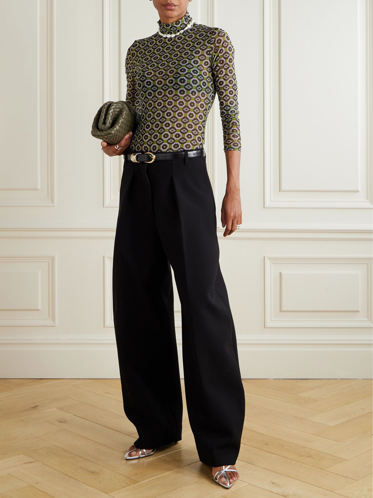 Printed stretch-mesh turtleneck top Green - 2