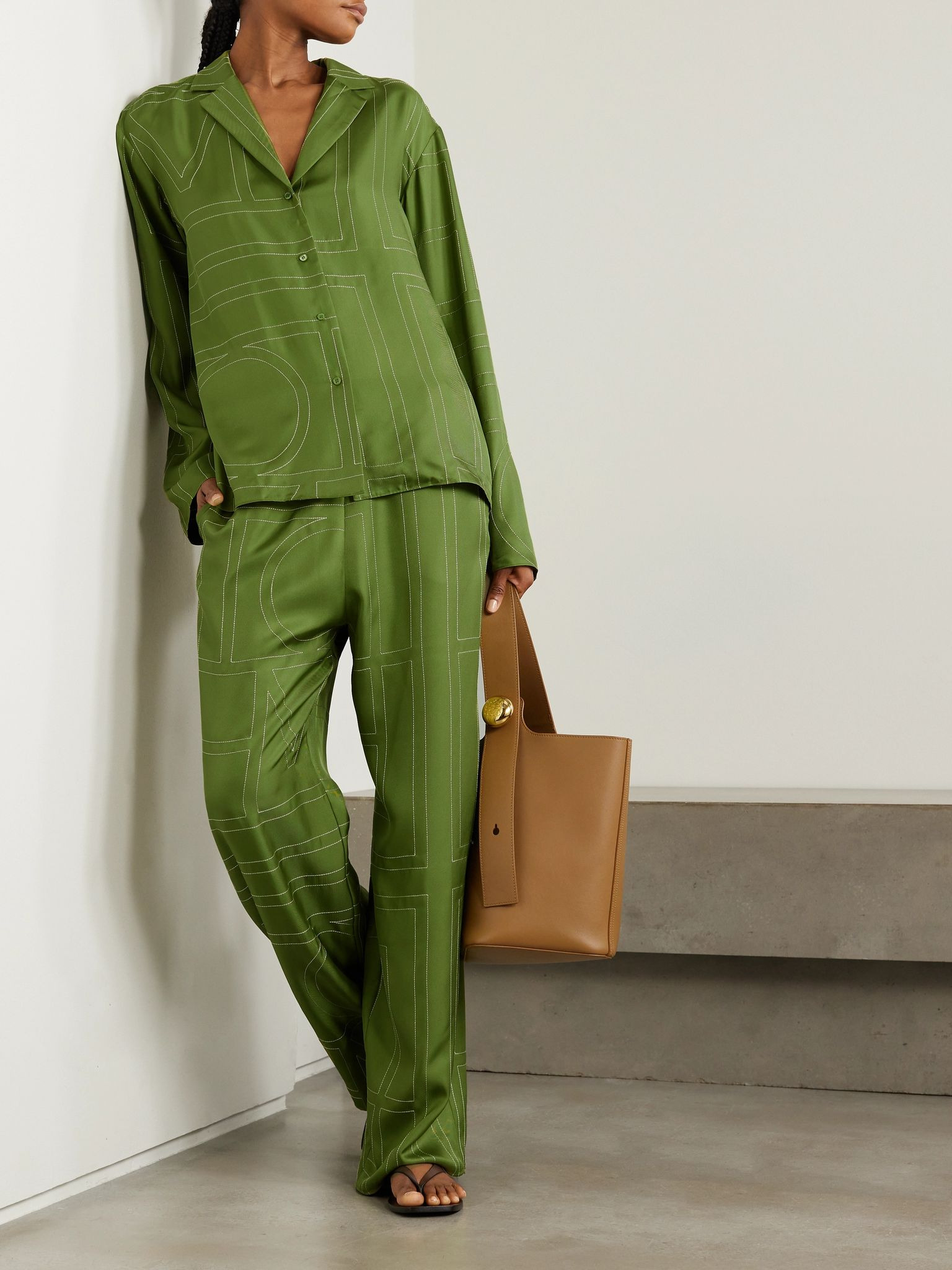 Embroidered silk-twill wide-leg pants Green - 2
