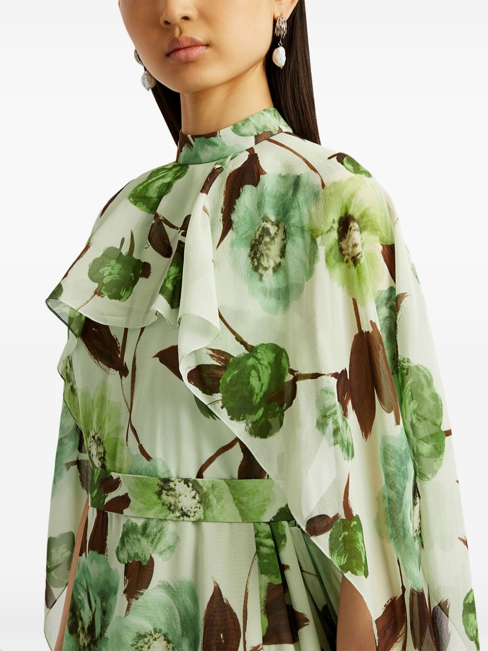 floral-print cape-design silk dress - 5