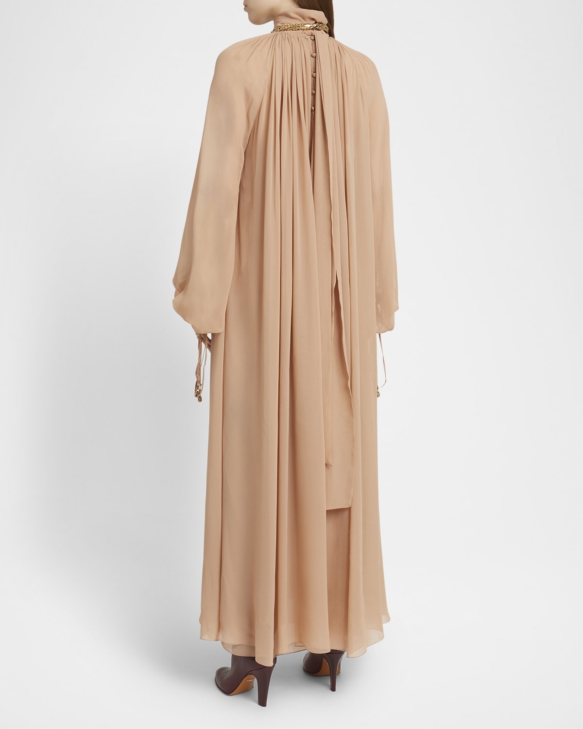 High-Neck Tie Long-Sleeve Silk Gown - 4