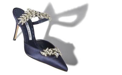 Manolo Blahnik Navy Satin Crystal Embellished Mules outlook