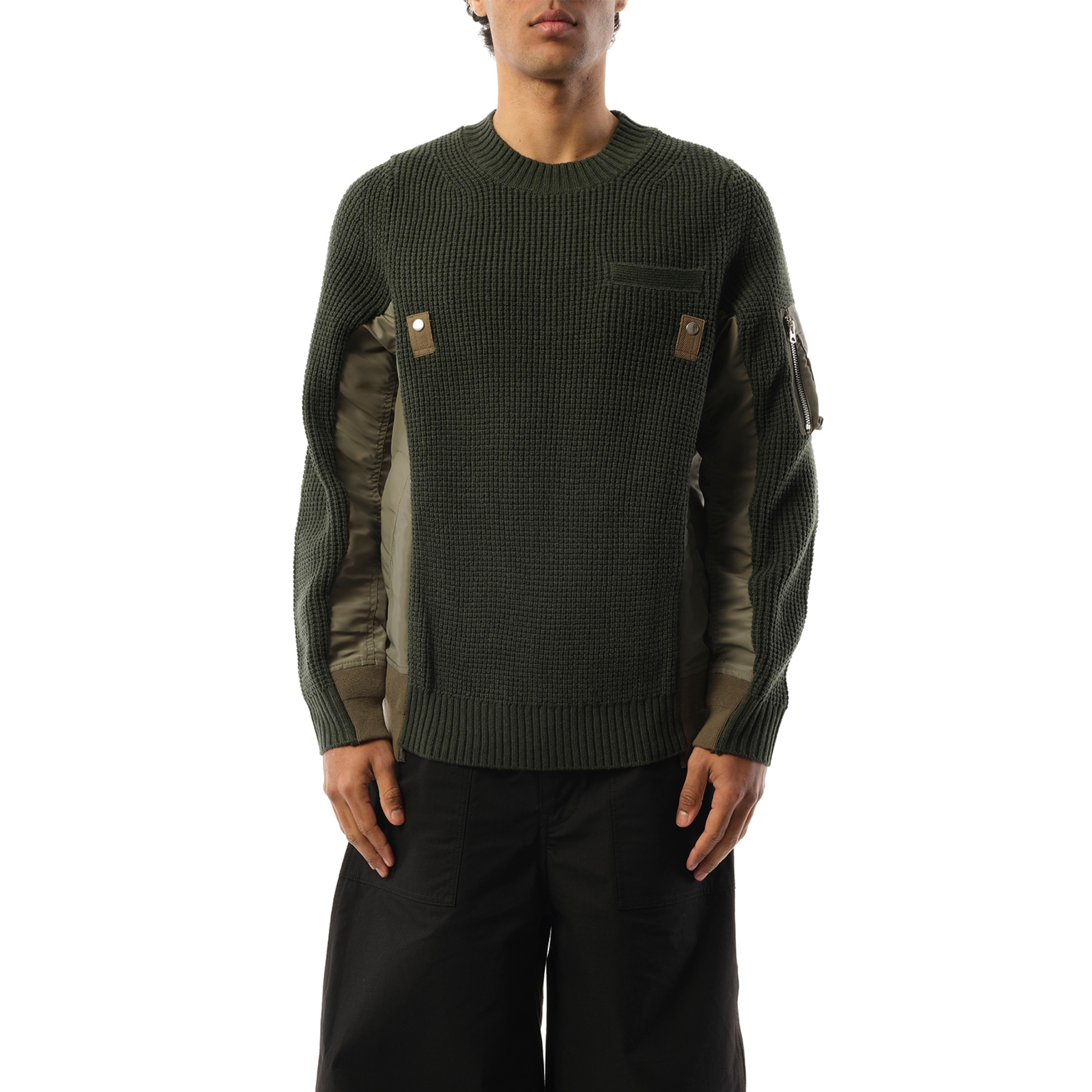 Nylon Twill x Wool Knit Pullover in Khaki - 1