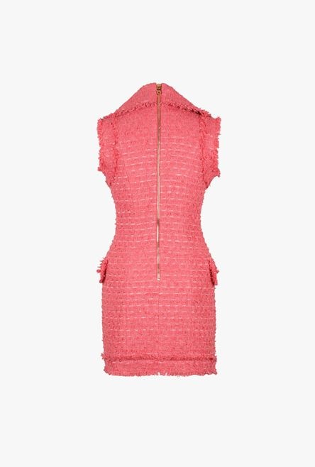 Short salmon pink tweed dress with gold-tone double-buttoned fastening - 3