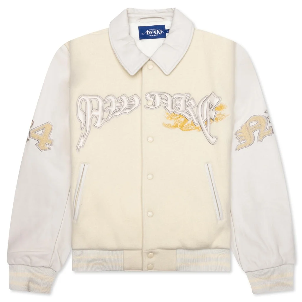 DRAGON EMBROIDERED VARSITY JACKET - OFF WHITE - 1