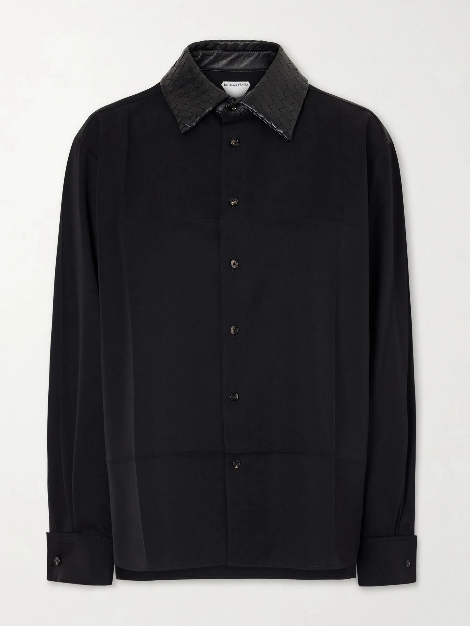 Intrecciato leather-trimmed wool-twill shirt Black - 1