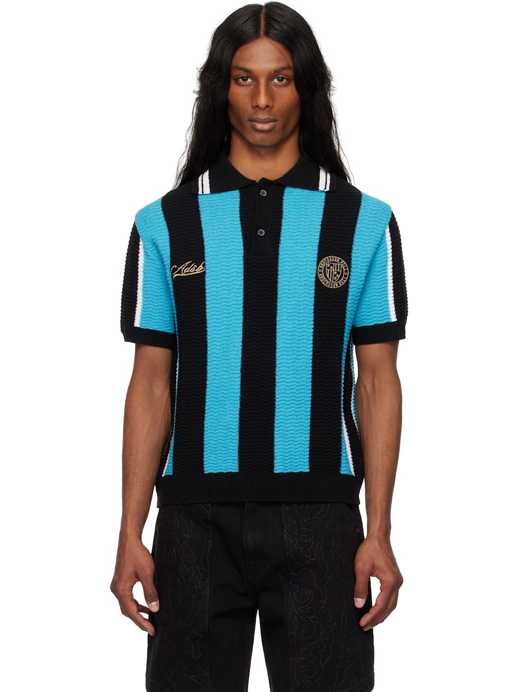 Black & Blue Stripe Soccer Sweater Polo - 1