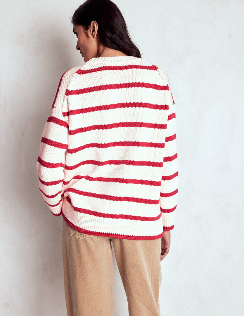 Lucy Oversized Cotton Jumper-Ivory, Red Stripe 6