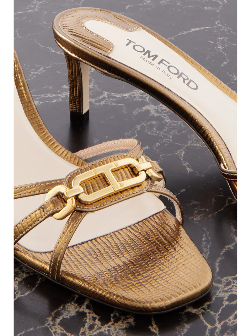 Embellished Lizard-effect Metallic Leather Mules 4