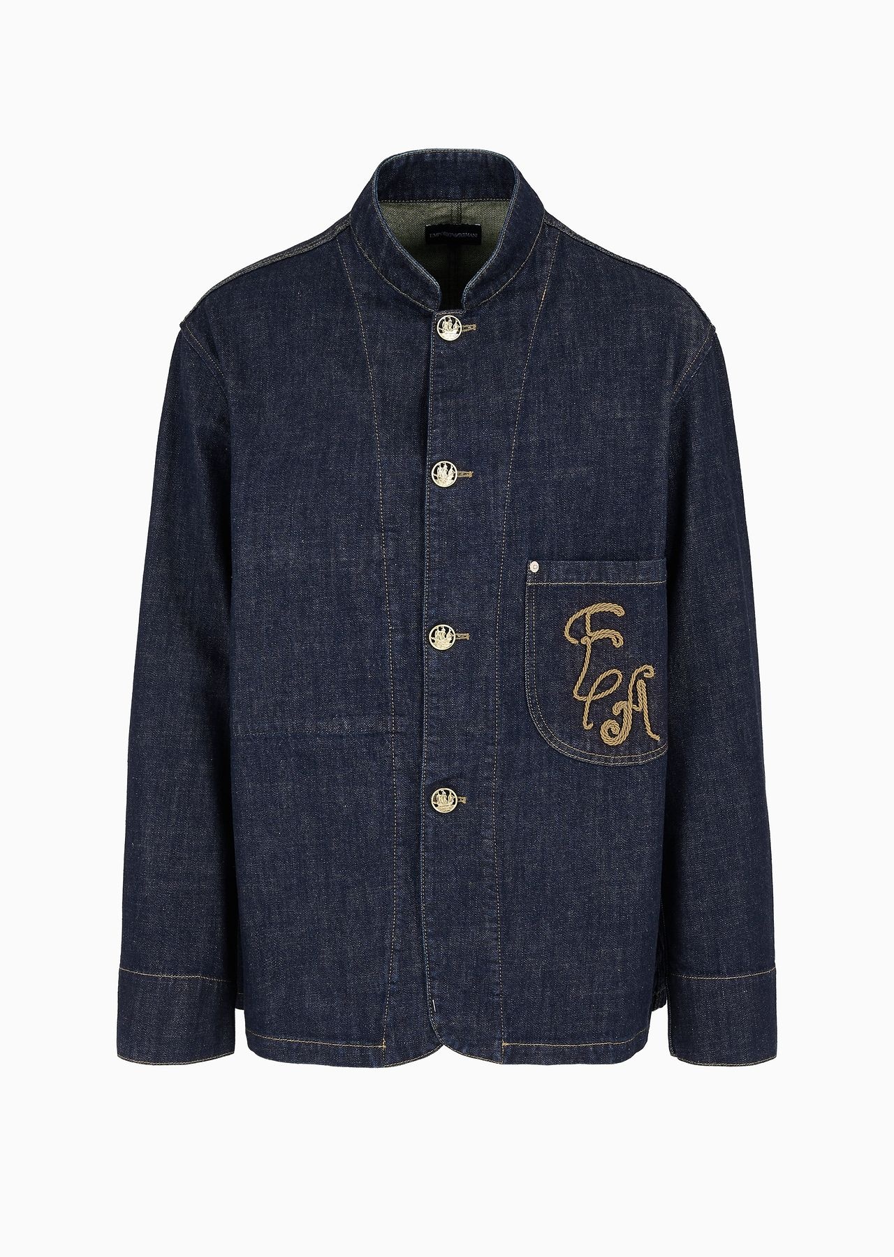 Dirty-treatment denim blazer with guru collar and EA embroidery - 1