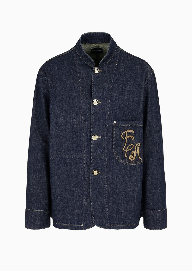Dirty-treatment denim blazer with guru collar and EA embroidery 1