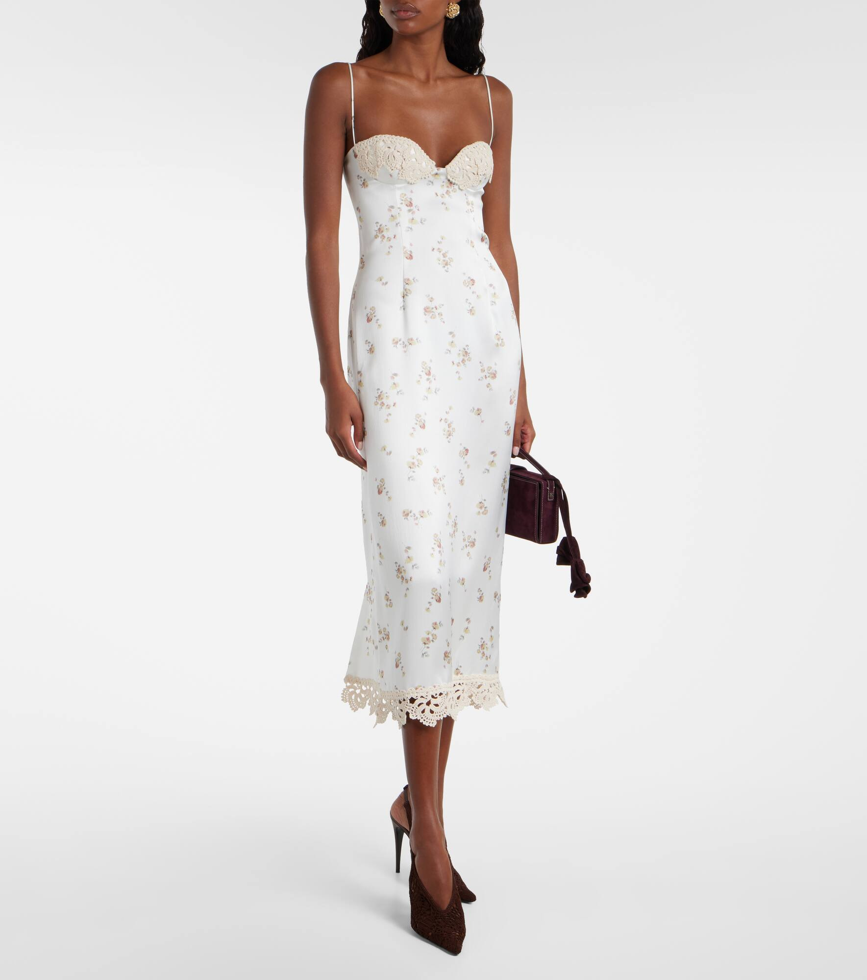 Floral crochet-trimmed silk slip dress - 2