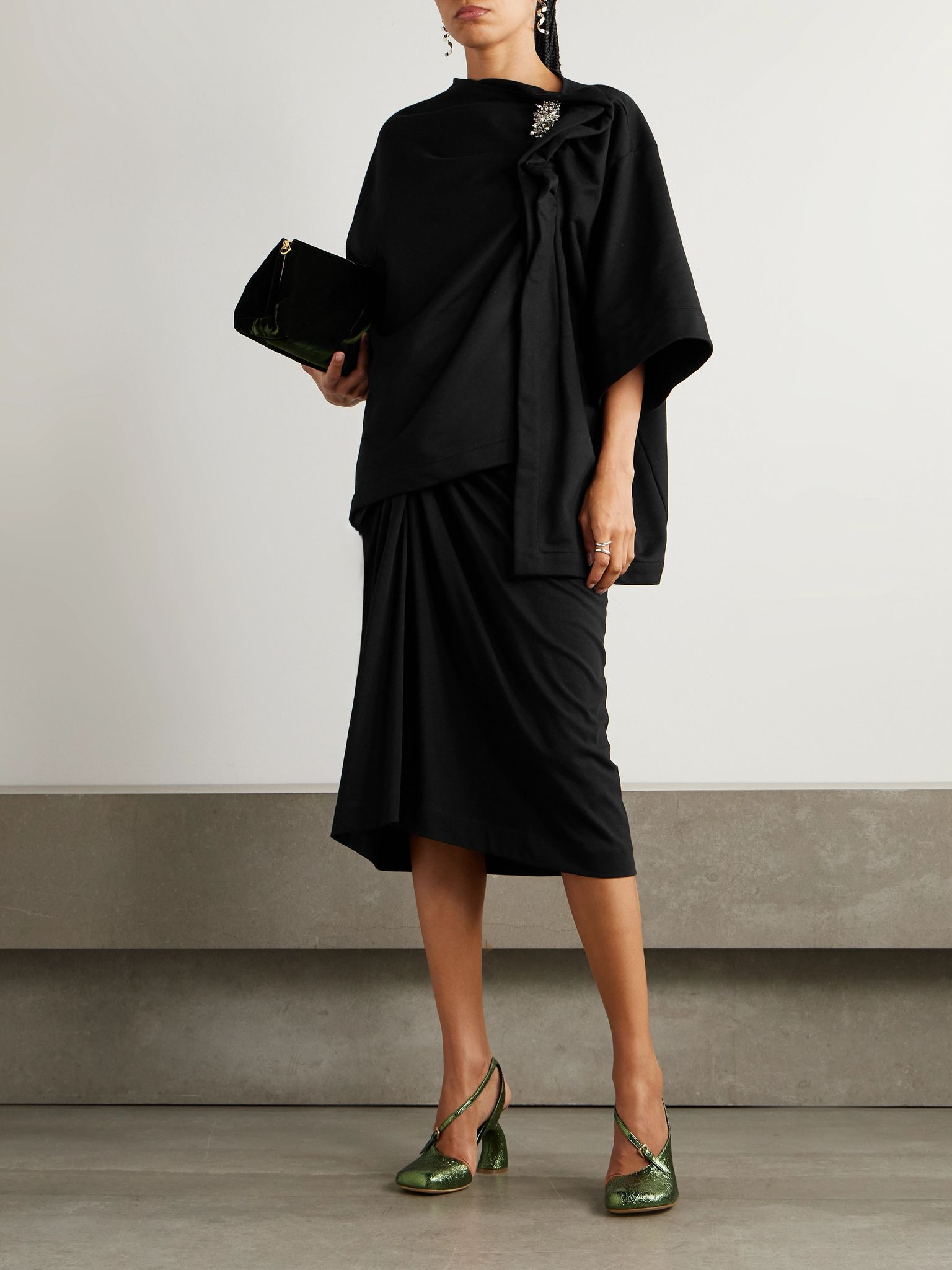 Twist-front cotton-jersey midi skirt Black - 2