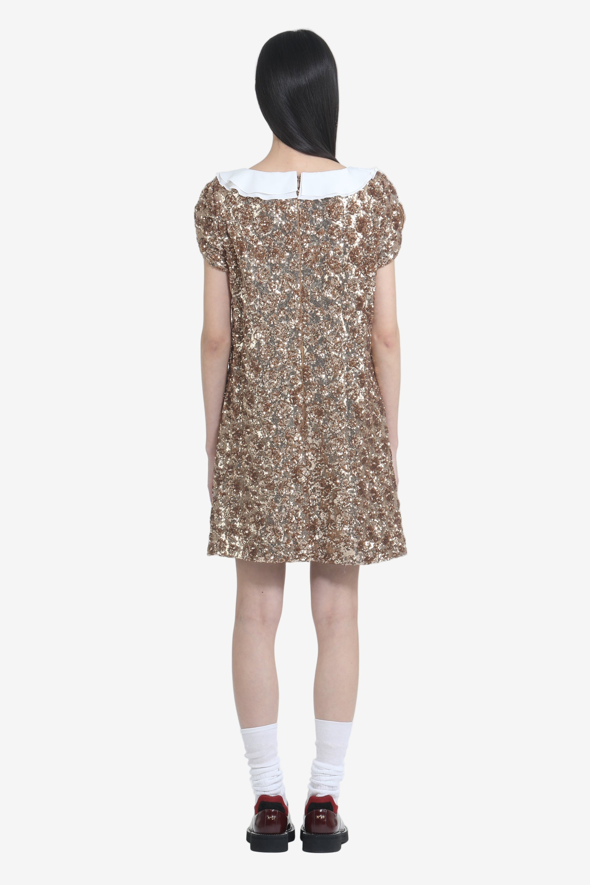 SHORT DRESS WITH GOLD EMBROIDERY AND RUFFLED COLLAR - 2