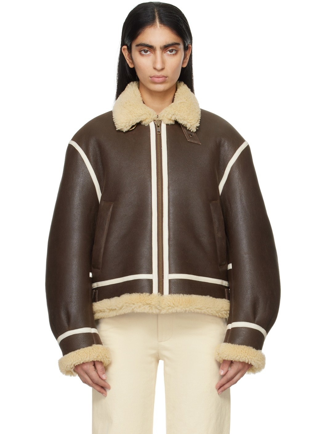 Brown Aviator Shearling Jacket - 1