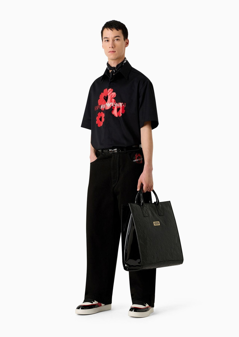 EMPORIO ARMANI Garment-dyed bull denim baggy pants with Mon Amour print outlook