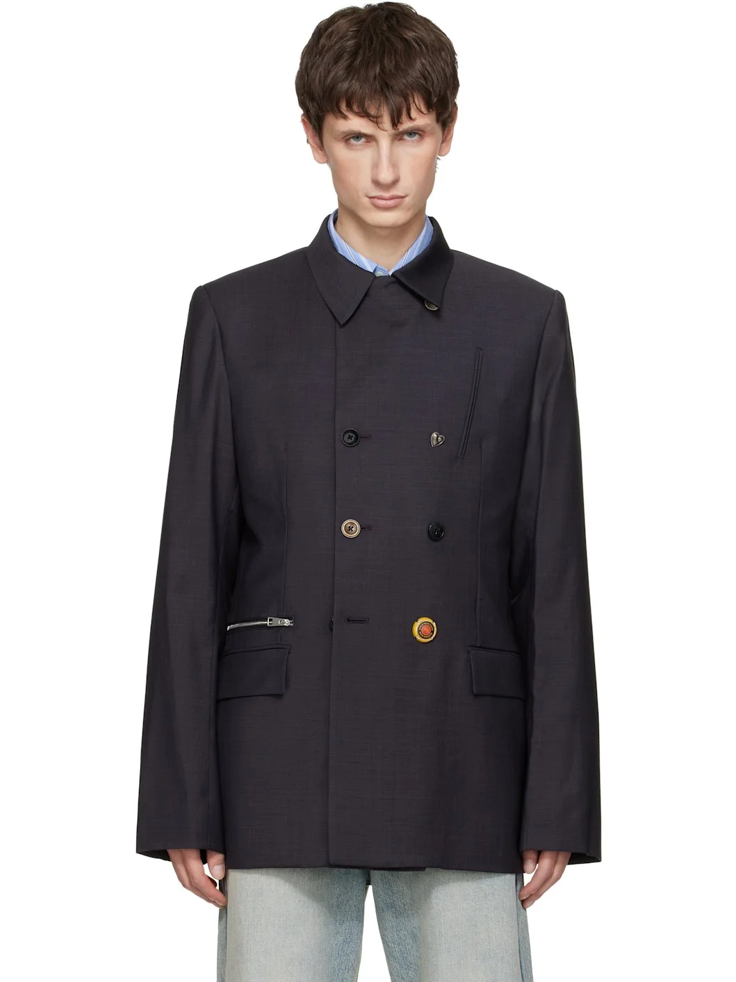 Black Double-Breasted Zip Blazer - 1