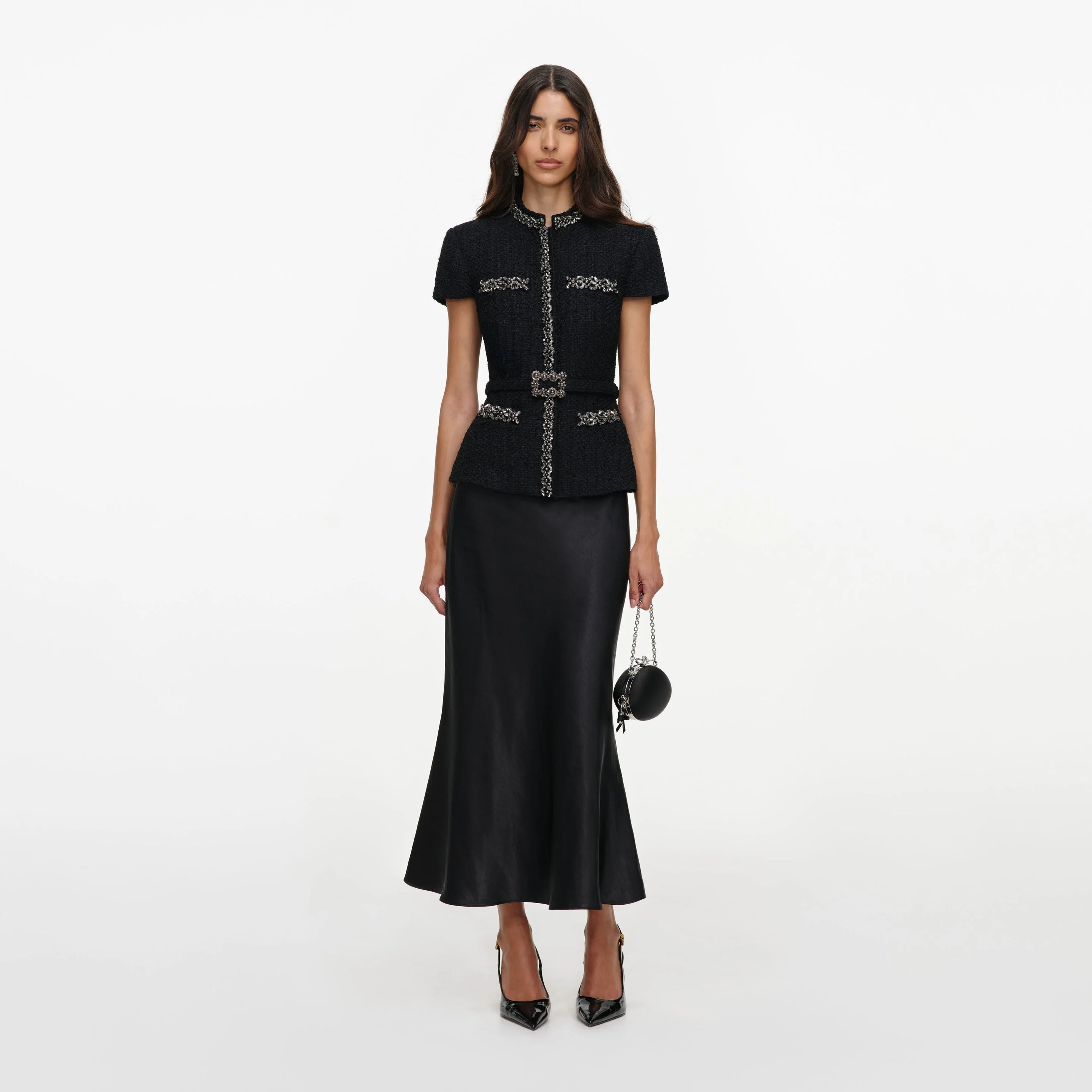 Black Boucle Crystal Trim Satin Midi Dress - 1